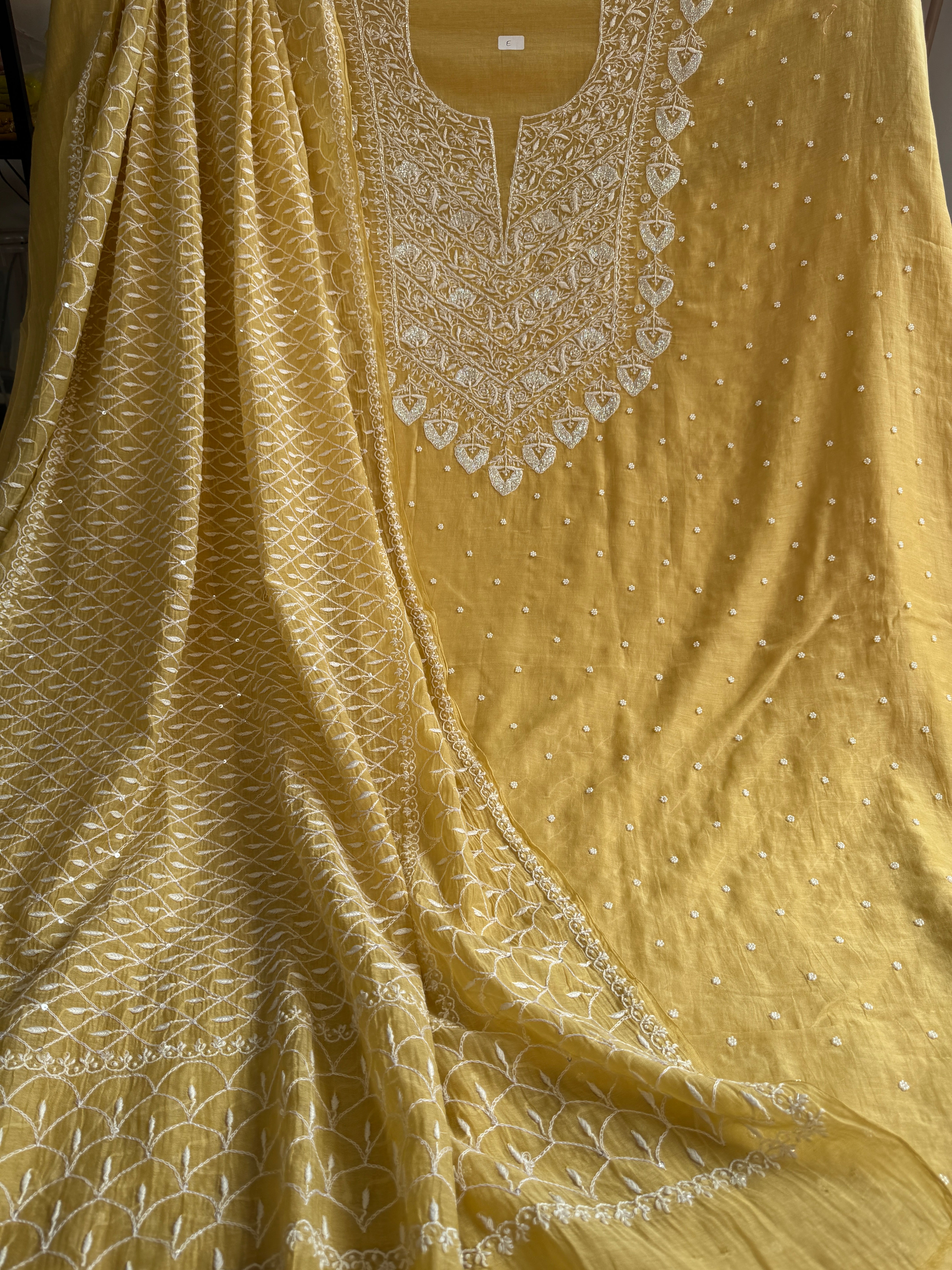 Mul Chanderi Chikankari - Unstitched Set - Butter Yellow Beige