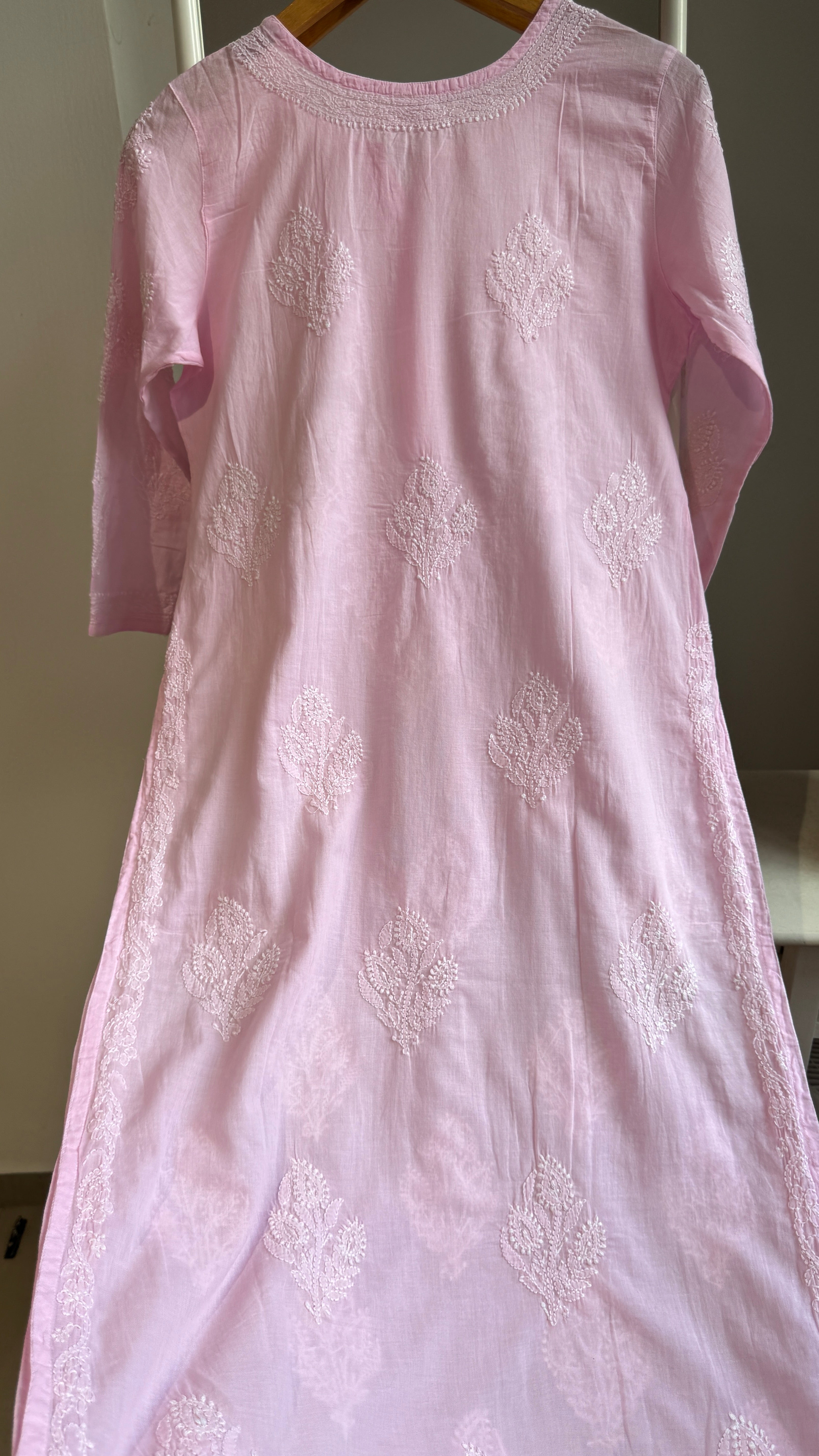 Mul Cotton Pink Chikankari Kurti - Saaz Collection