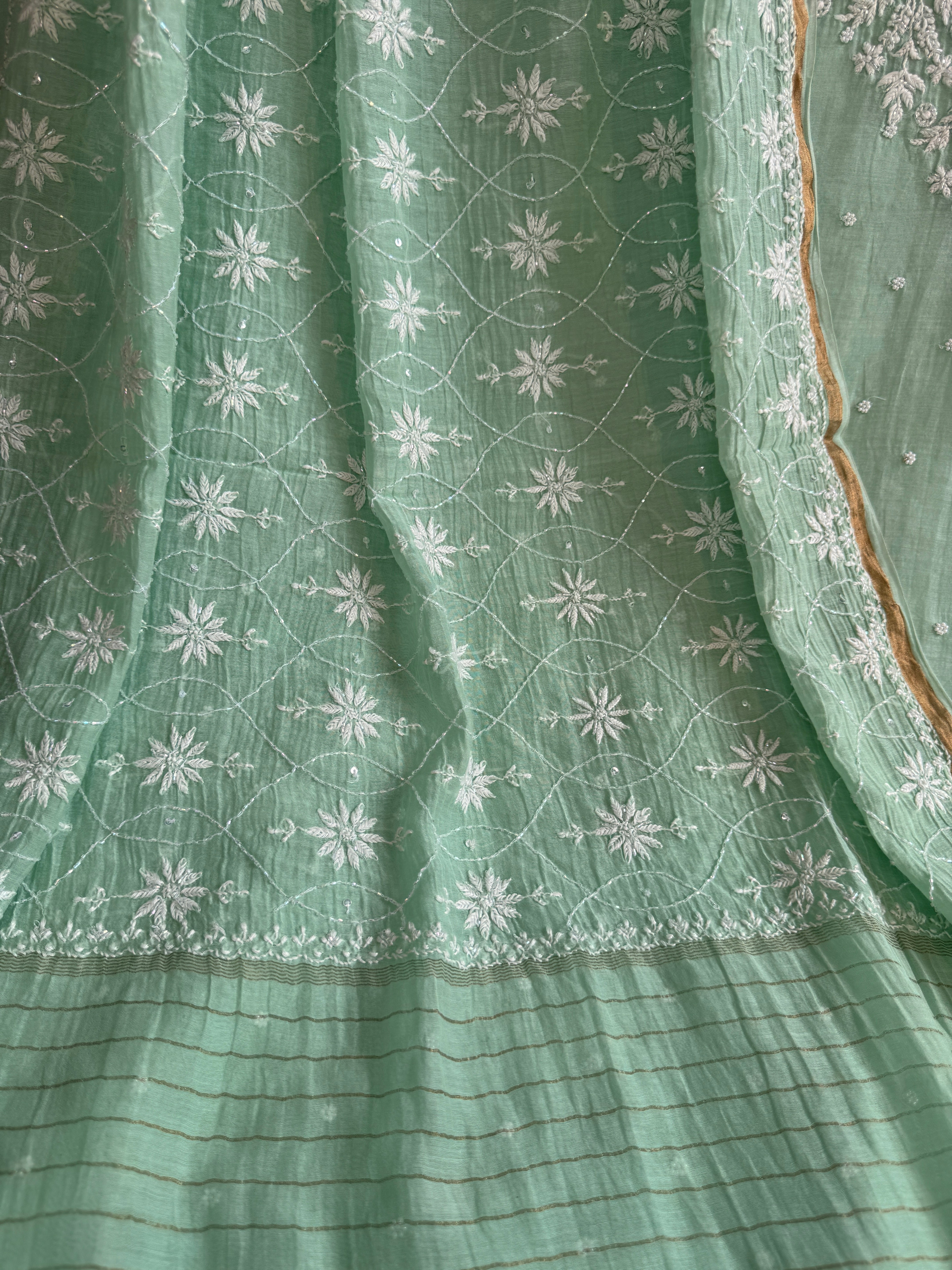 Mul Chanderi Chikankari - Unstitched Set - Sea Blue