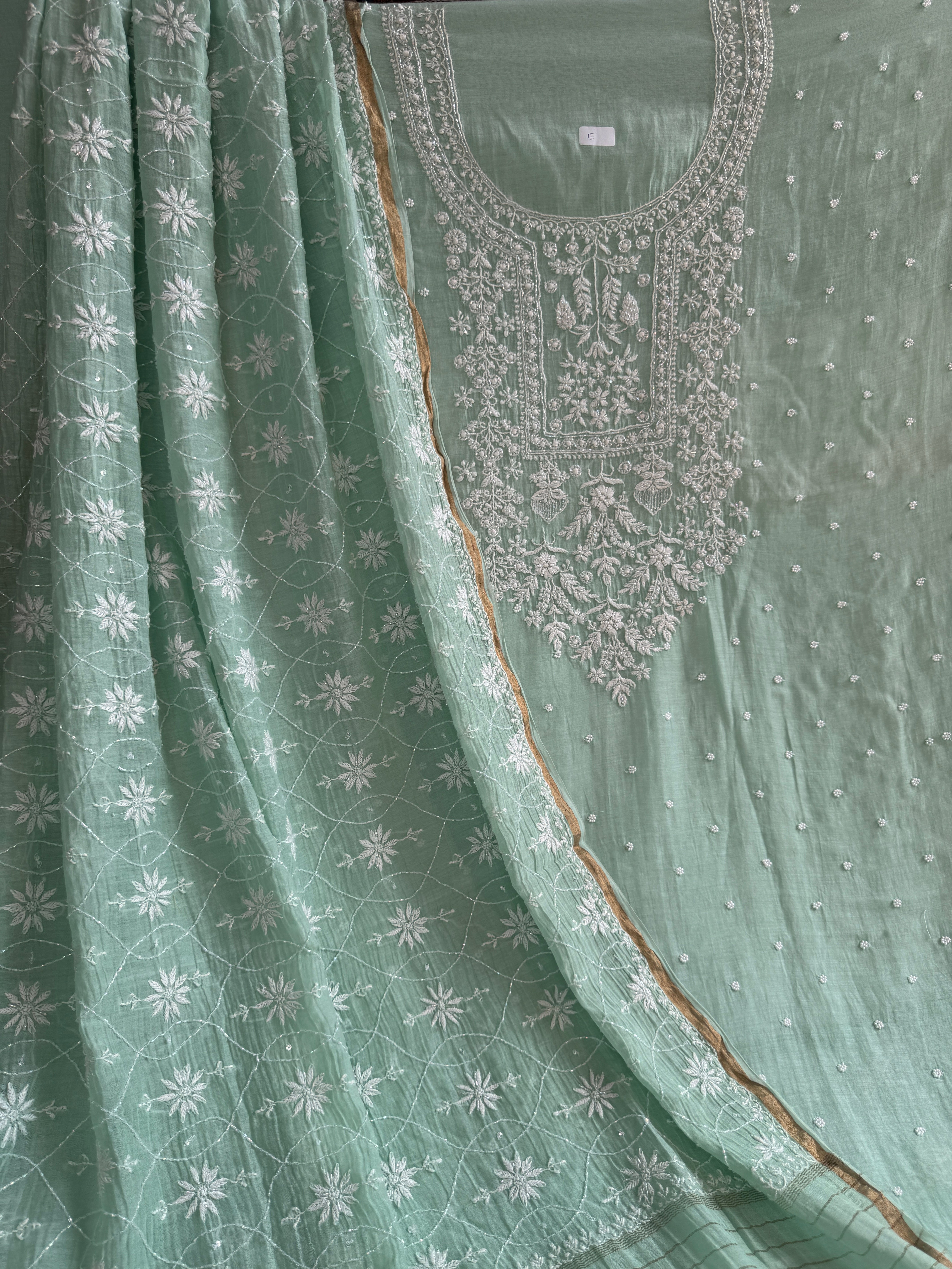 Mul Chanderi Chikankari - Unstitched Set - Sea Blue