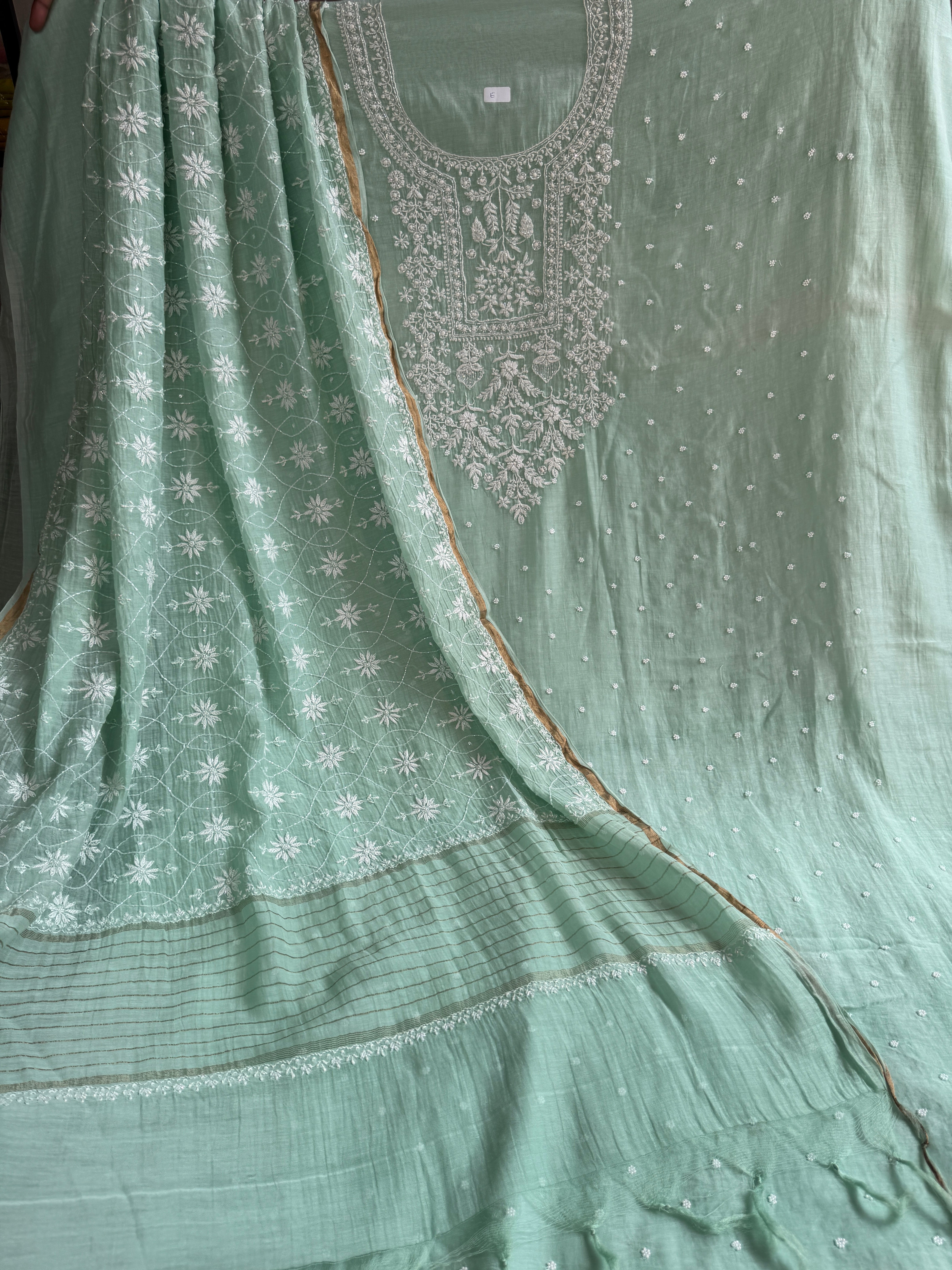 Mul Chanderi Chikankari - Unstitched Set - Sea Blue