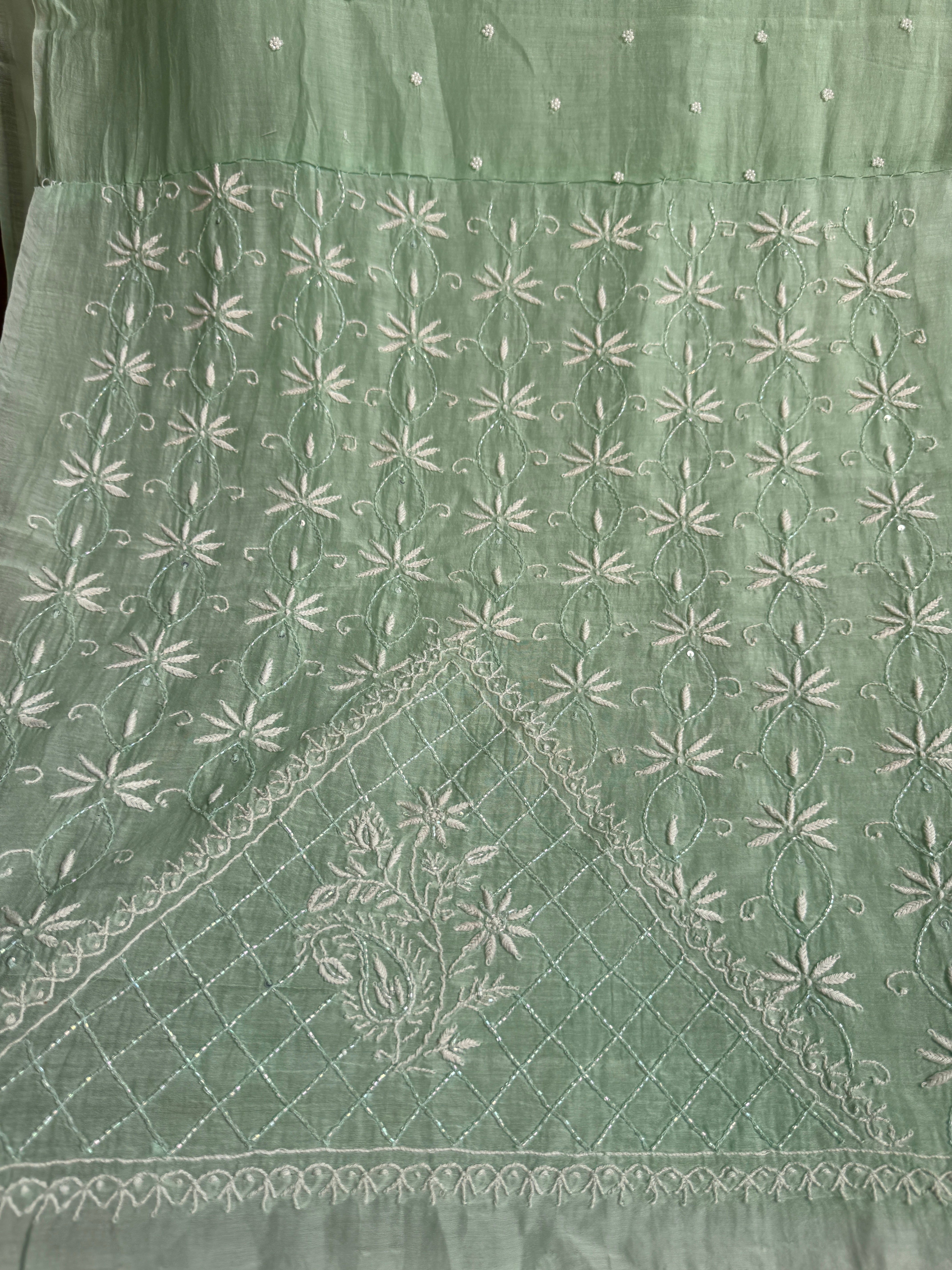 Mul Chanderi Chikankari - Unstitched Set - Sea Blue