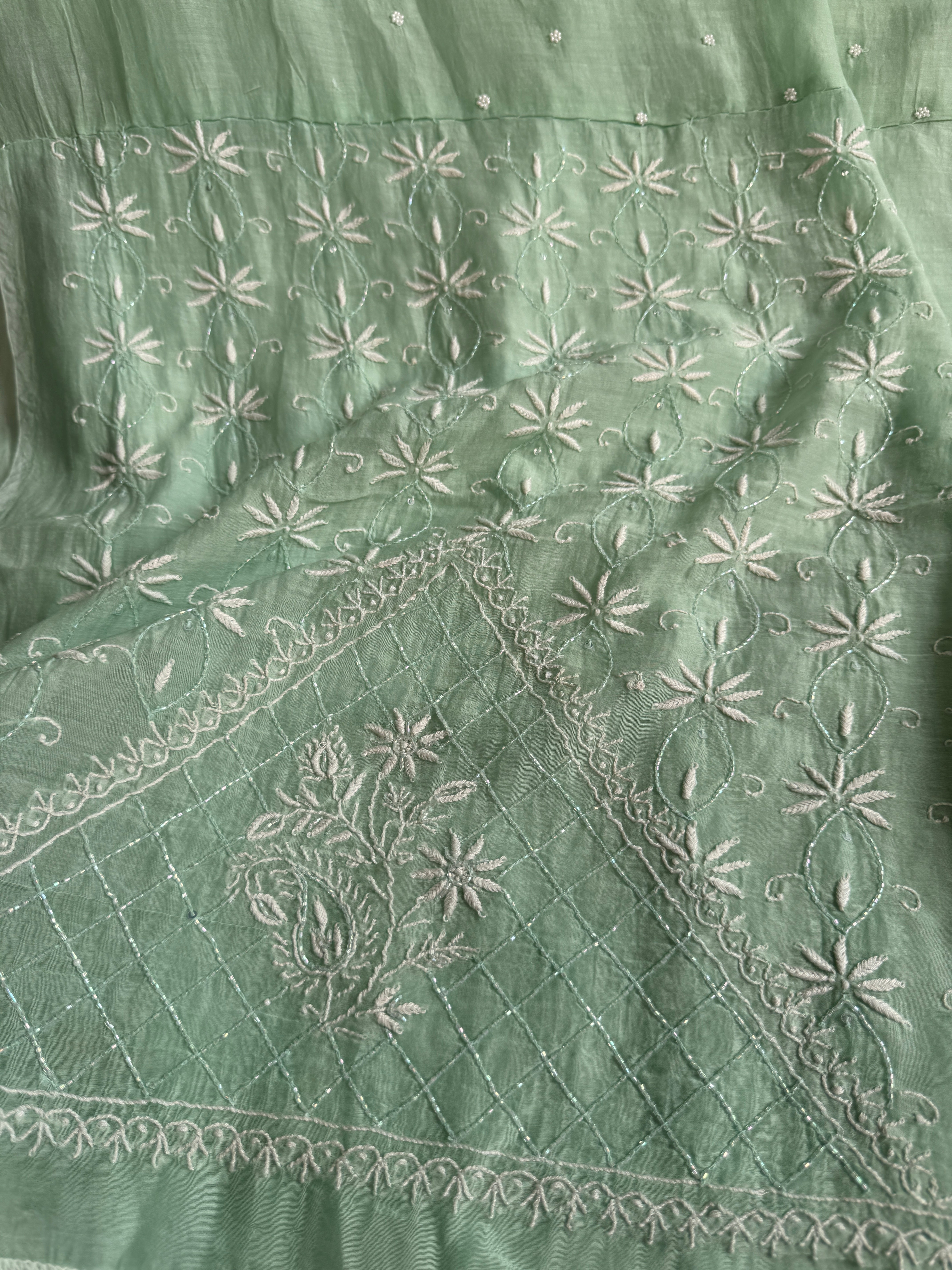 Mul Chanderi Chikankari - Unstitched Set - Sea Blue