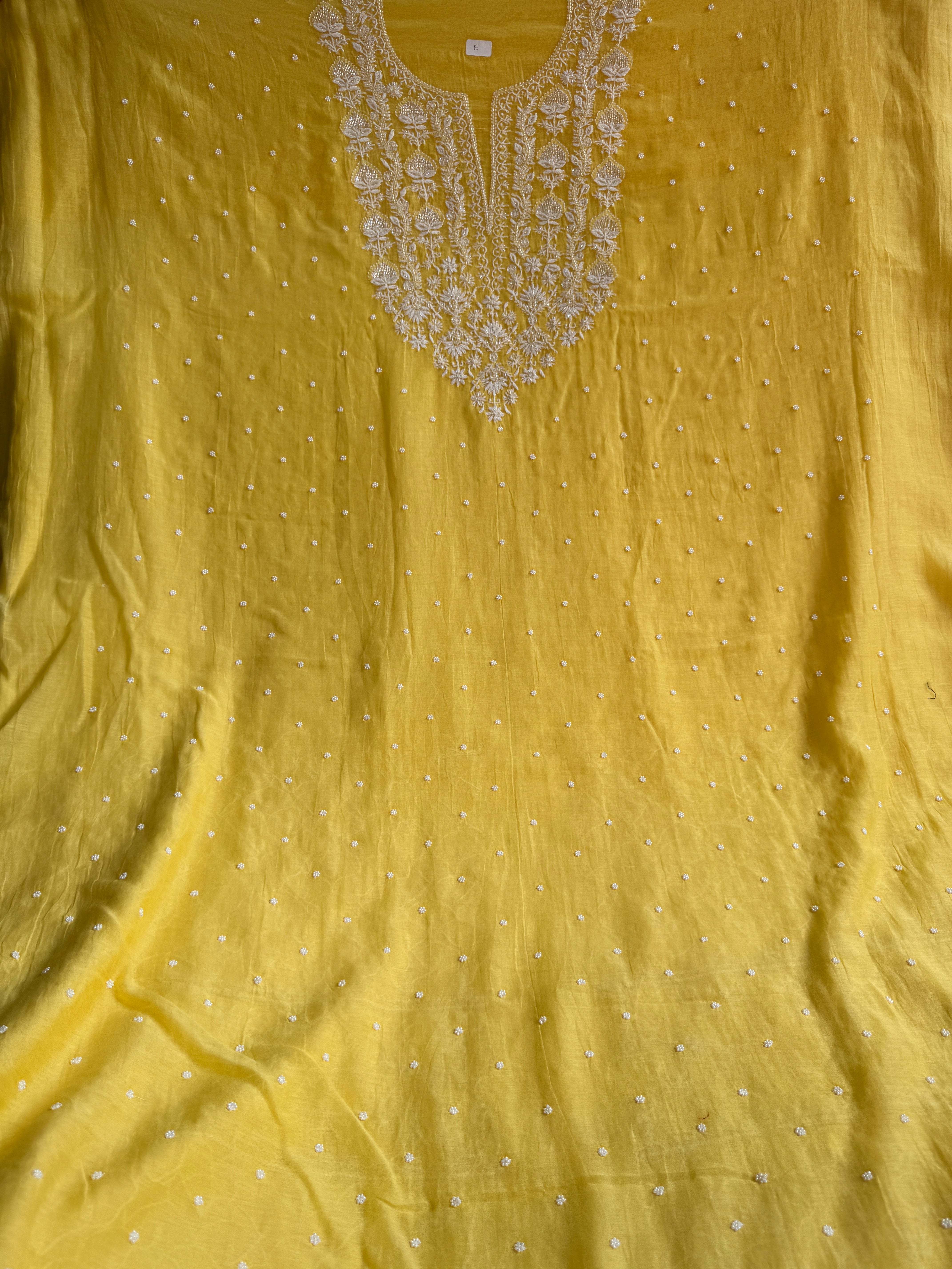 Mul Chanderi Chikankari - Unstitched Set - Yellow