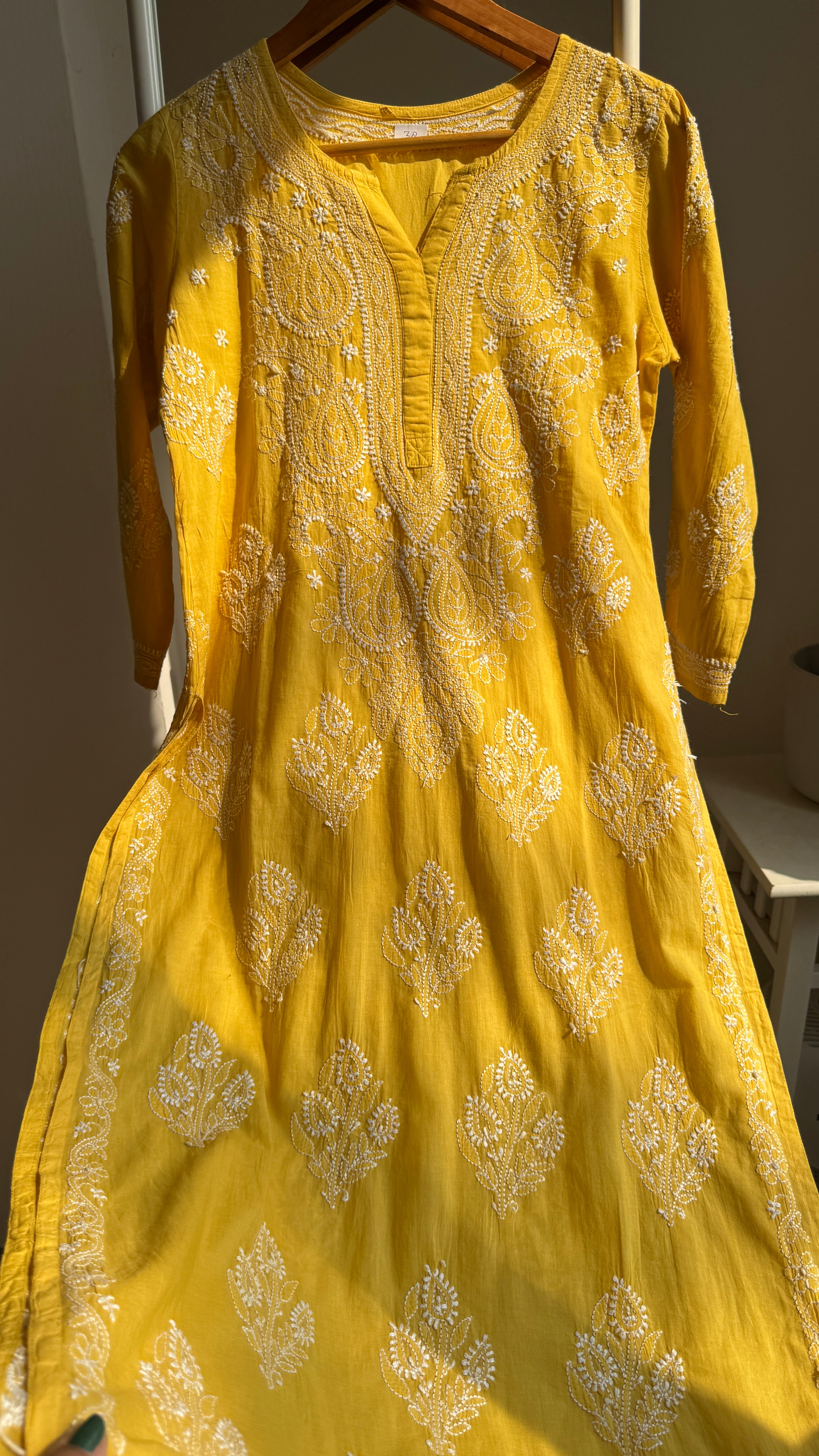 Mul Cotton Yellow Chikankari Kurti - Saaz Collection