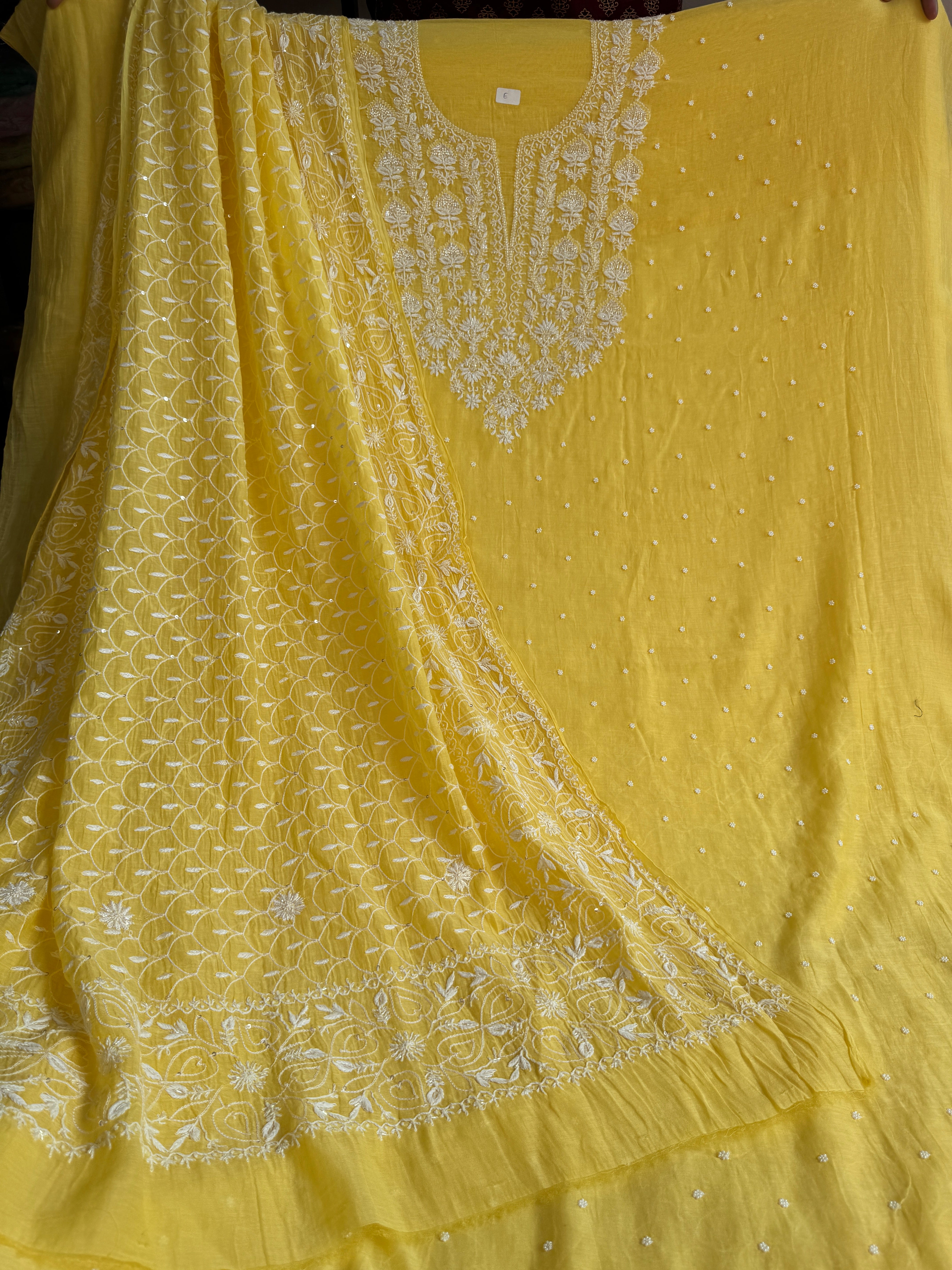 Mul Chanderi Chikankari - Unstitched Set - Yellow