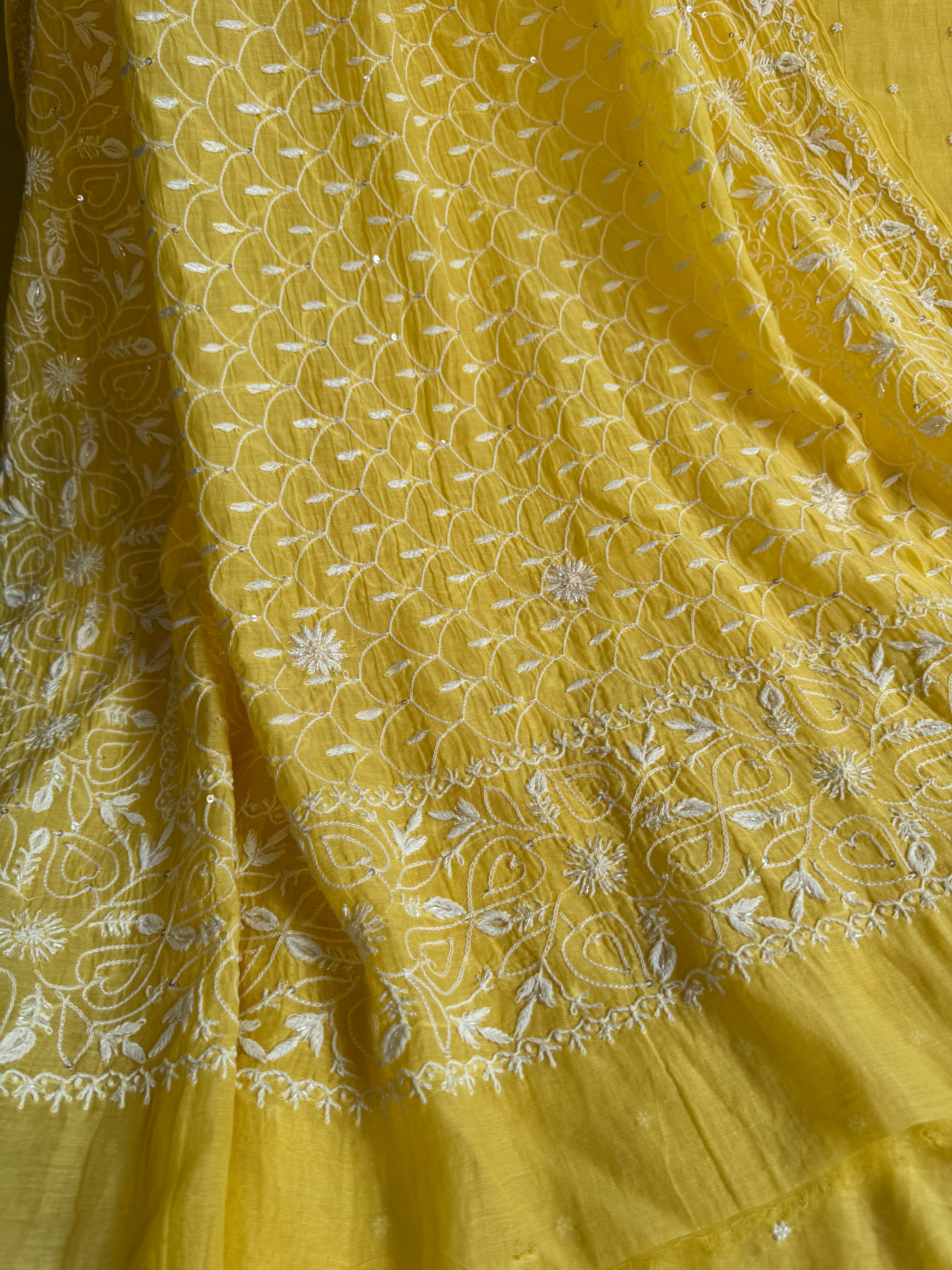 Mul Chanderi Chikankari - Unstitched Set - Yellow