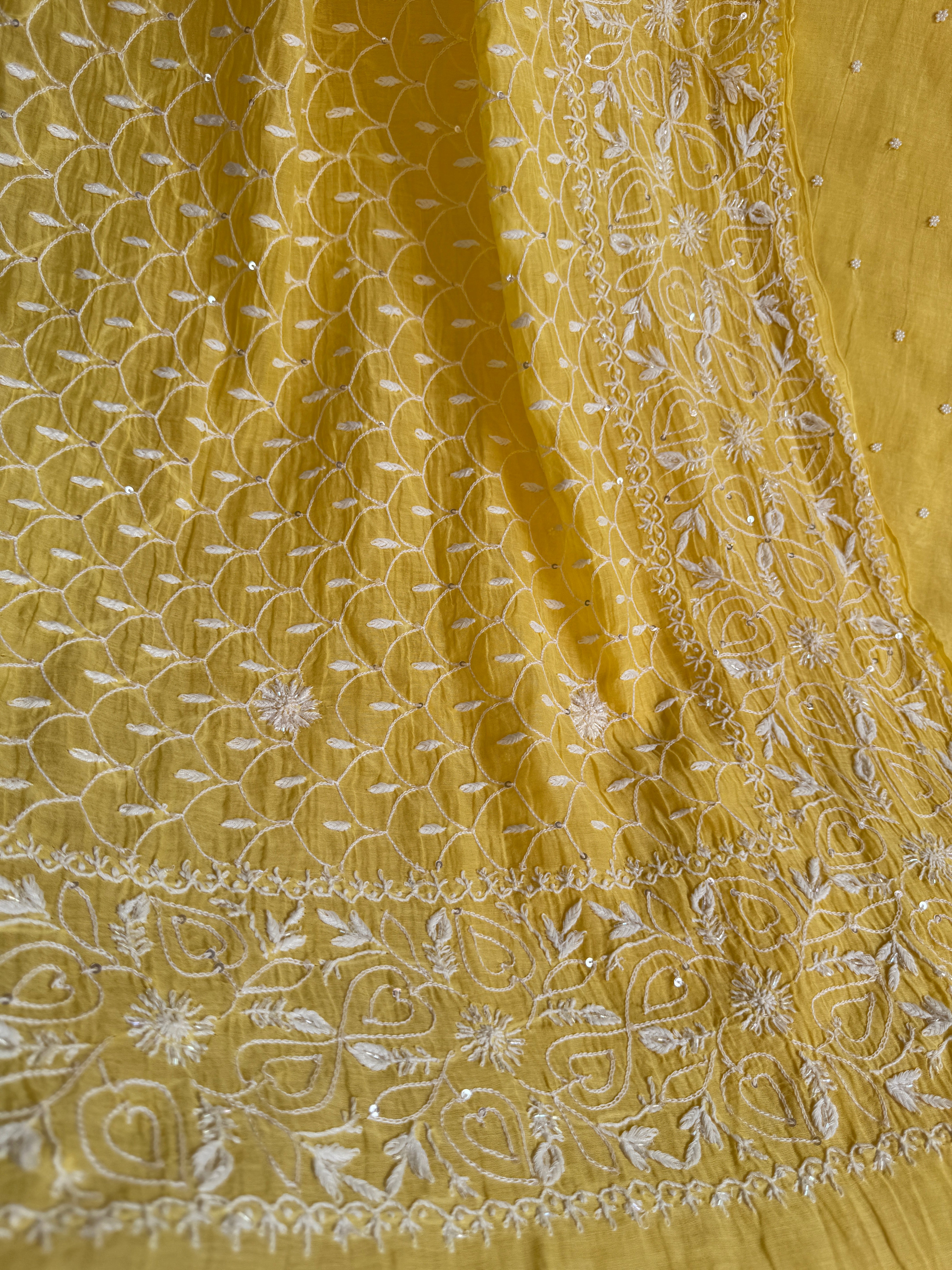 Mul Chanderi Chikankari - Unstitched Set - Yellow