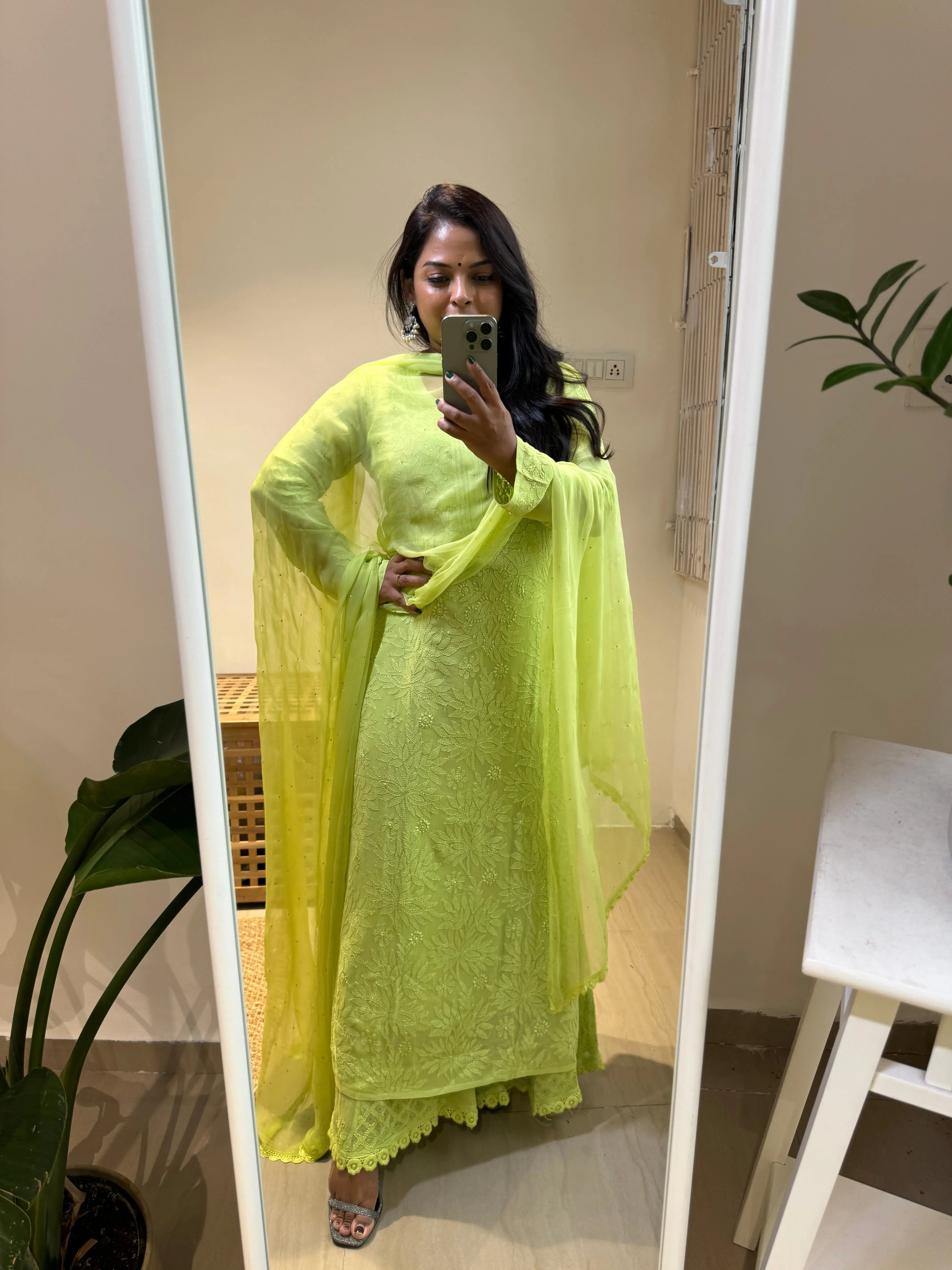 Viscose Plazzo Set - Bright Green ARIAA CHIKANKARI 