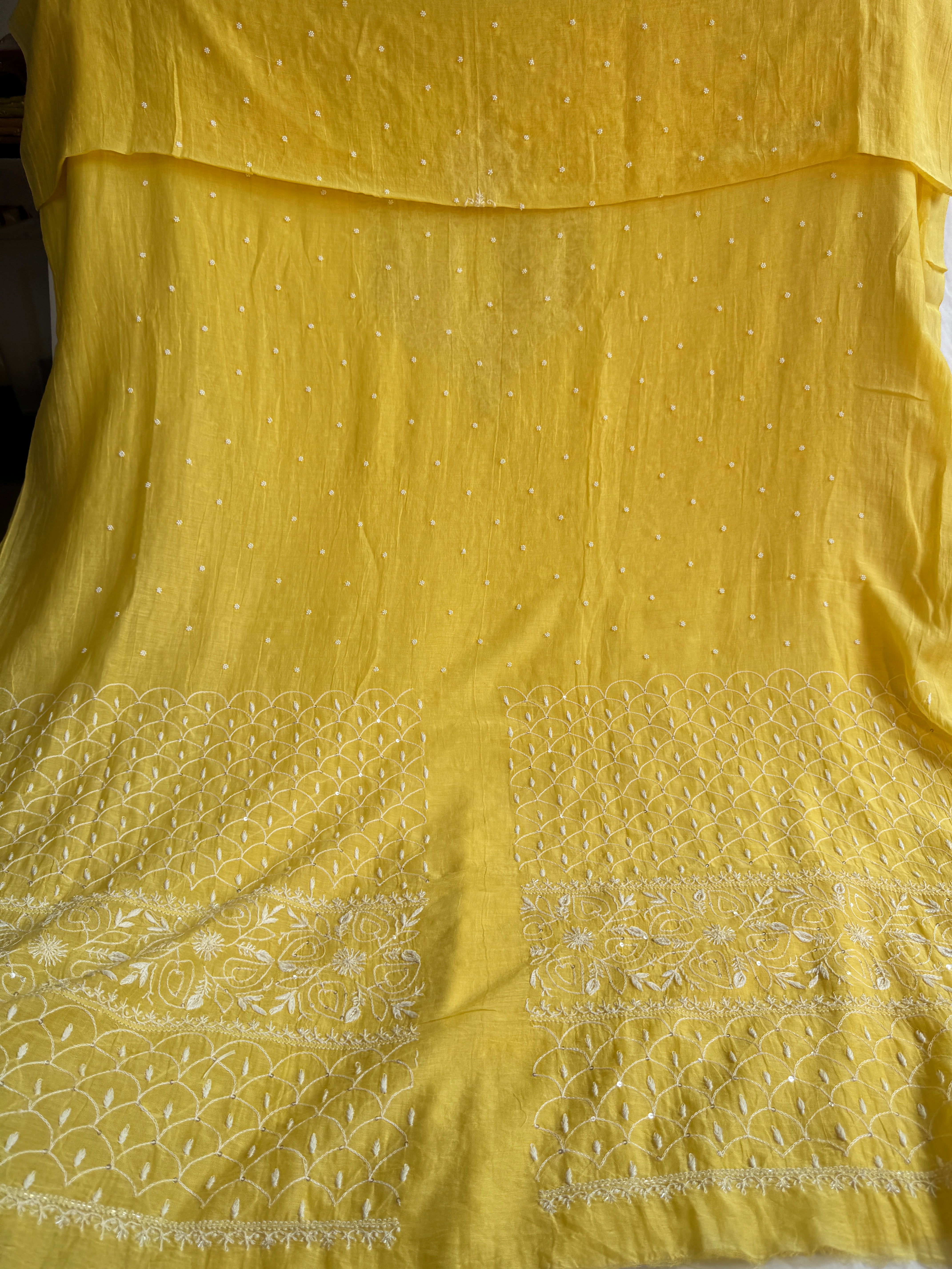 Mul Chanderi Chikankari - Unstitched Set - Yellow
