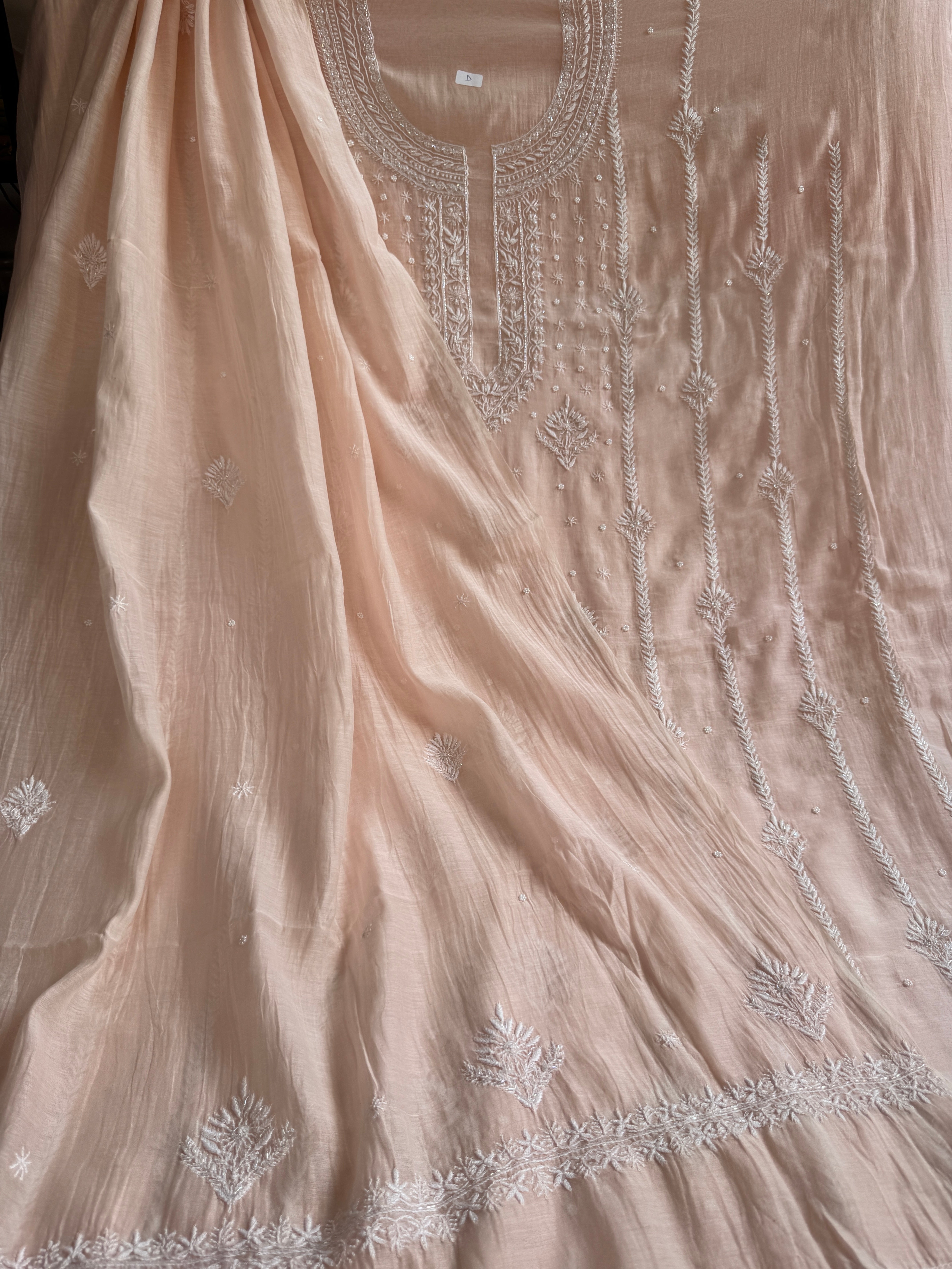 Mul Chanderi Chikankari Unstitched Length with Dupatta - Pale Pink