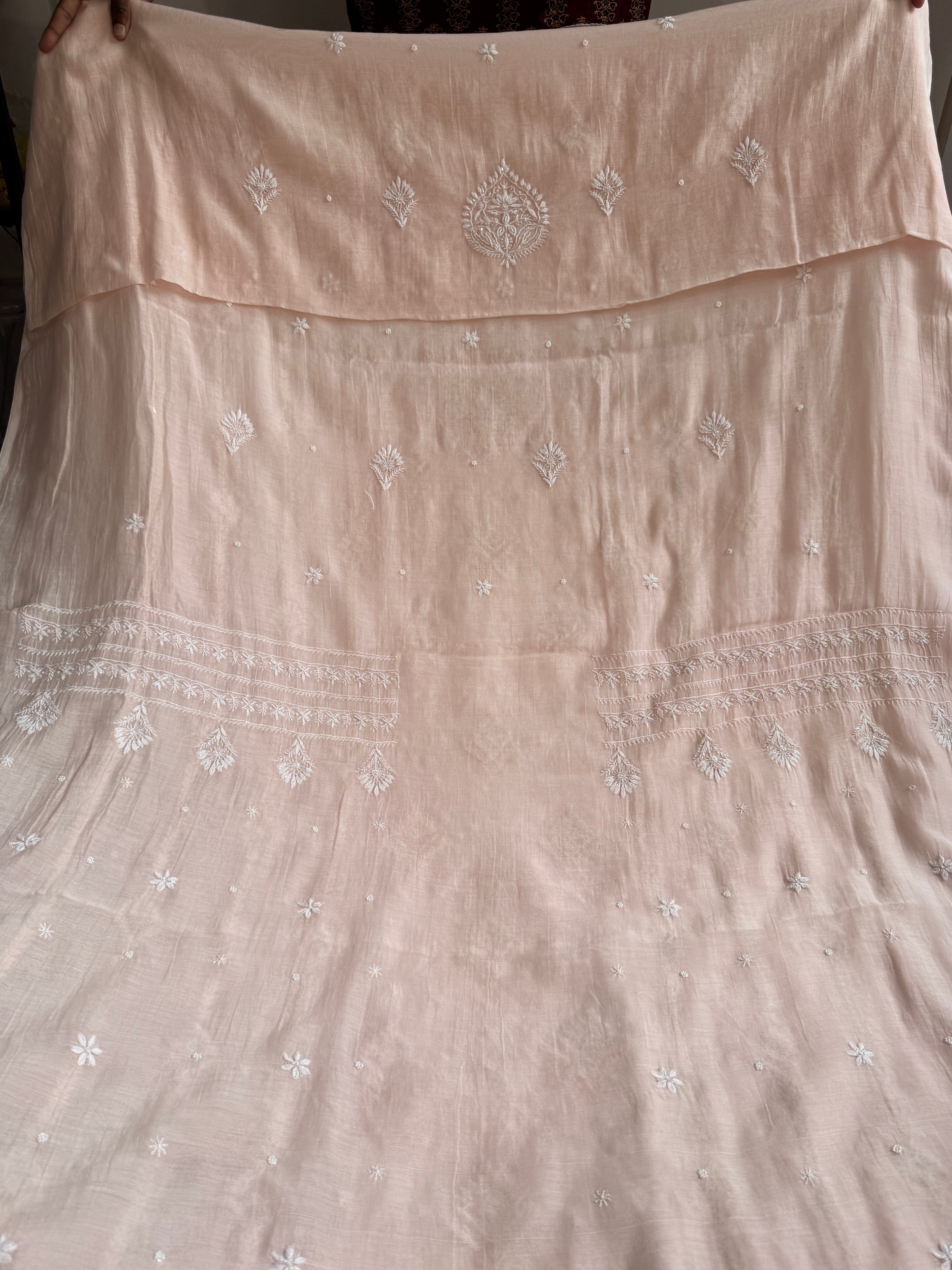 Mul Chanderi Chikankari Unstitched Length with Dupatta - Pale Pink