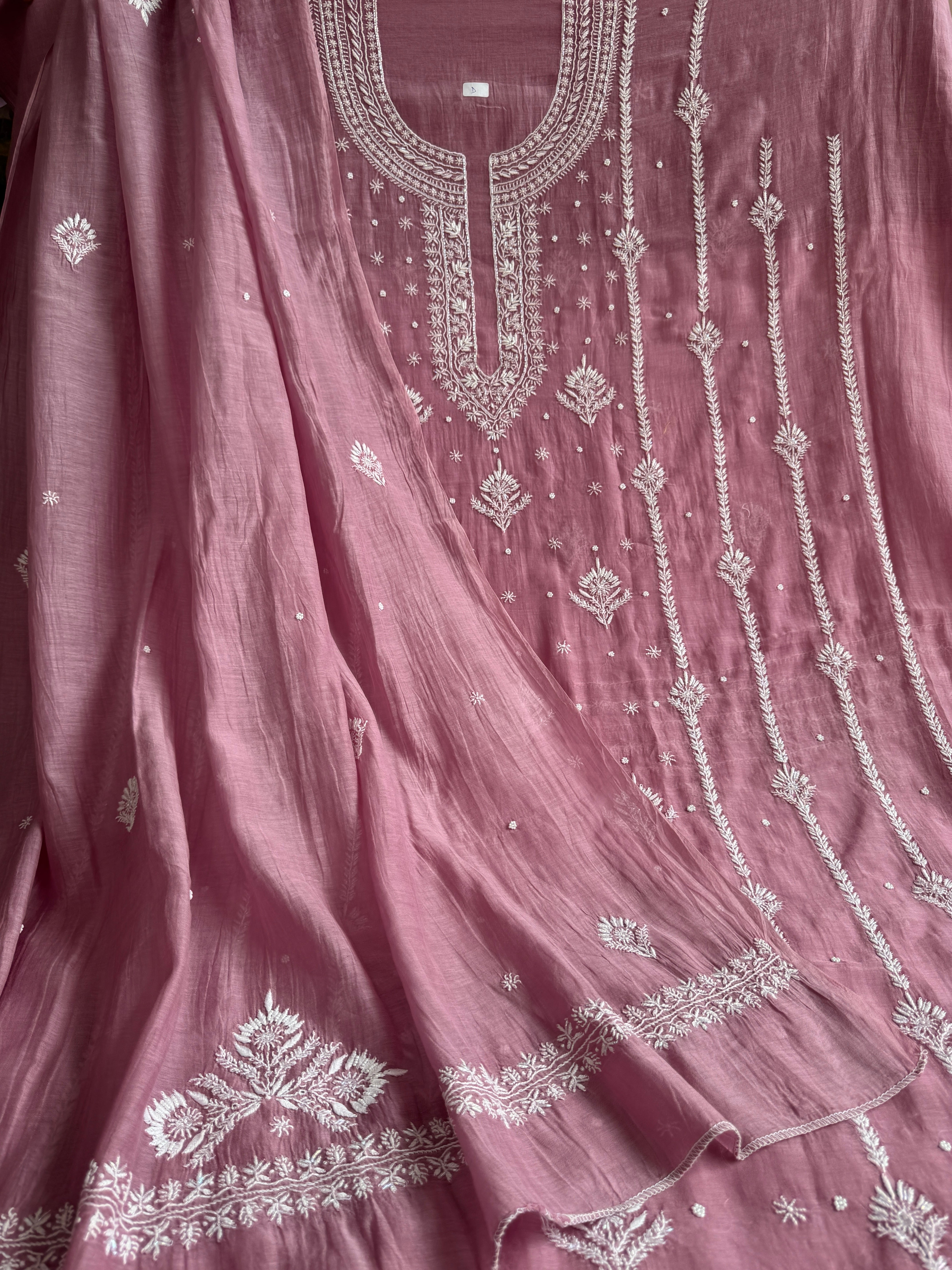 Mul Chanderi Chikankari Unstitched Length with Dupatta - Mauve