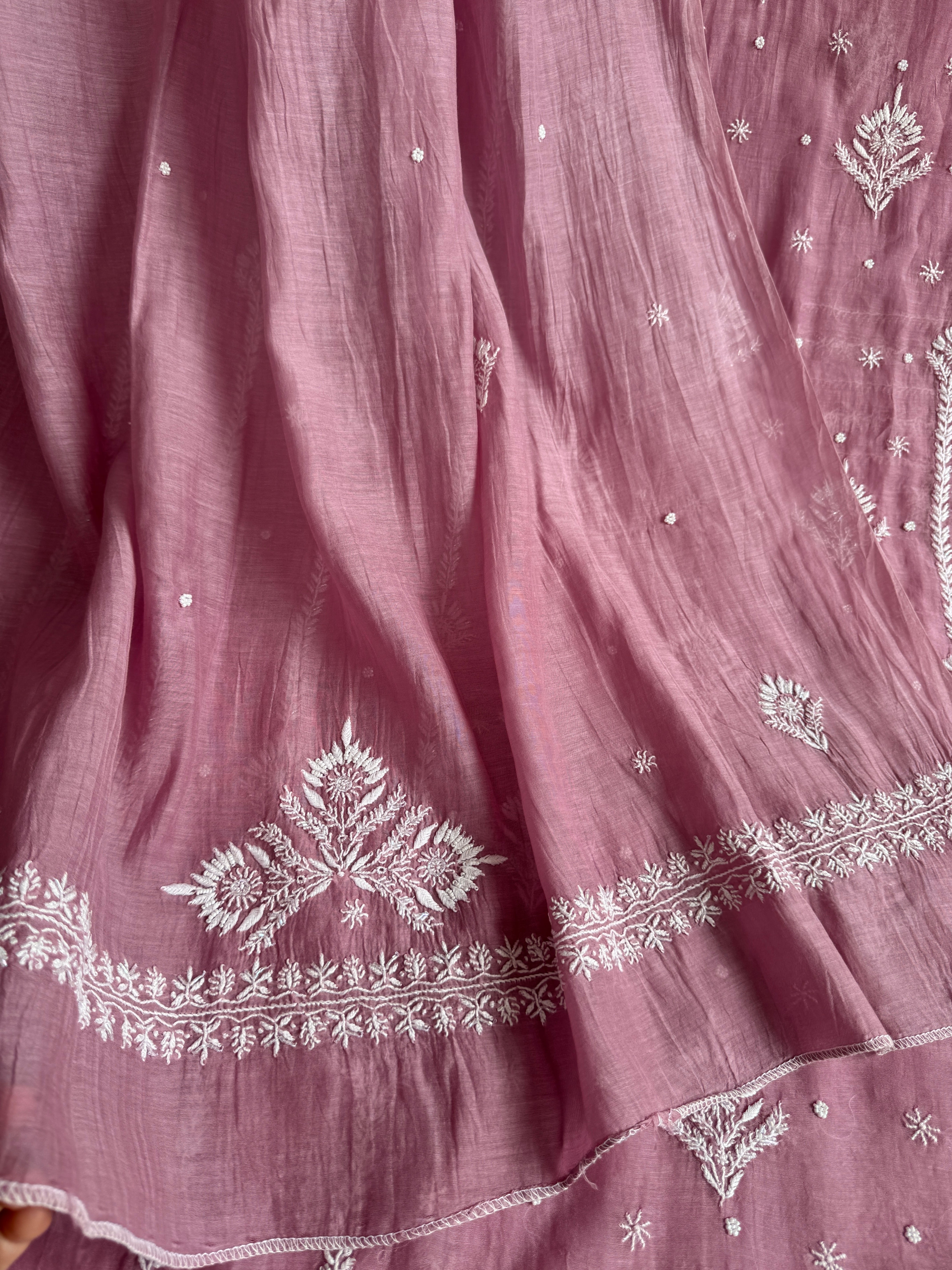 Mul Chanderi Chikankari Unstitched Length with Dupatta - Mauve