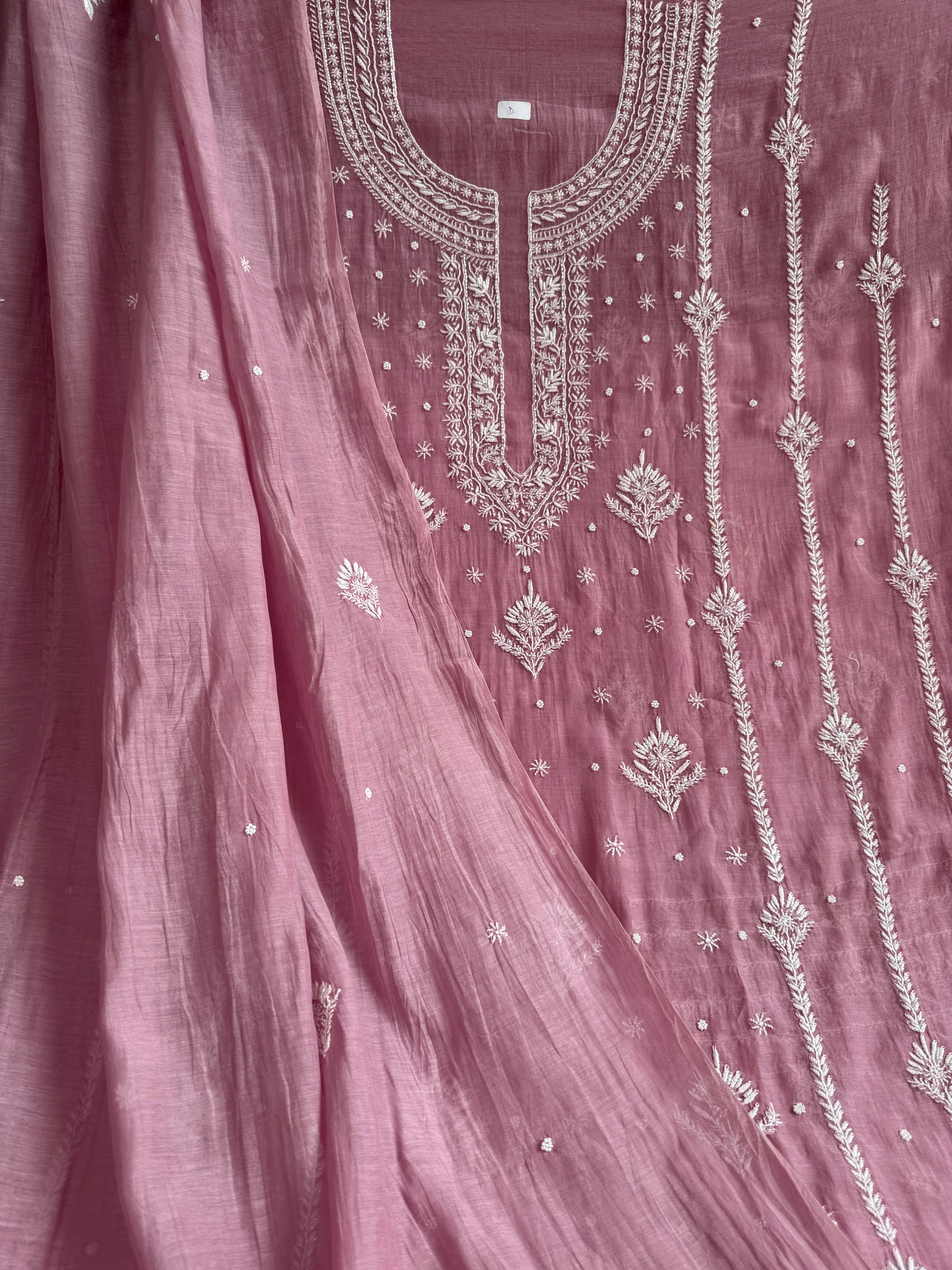 Mul Chanderi Chikankari Unstitched Length with Dupatta - Mauve