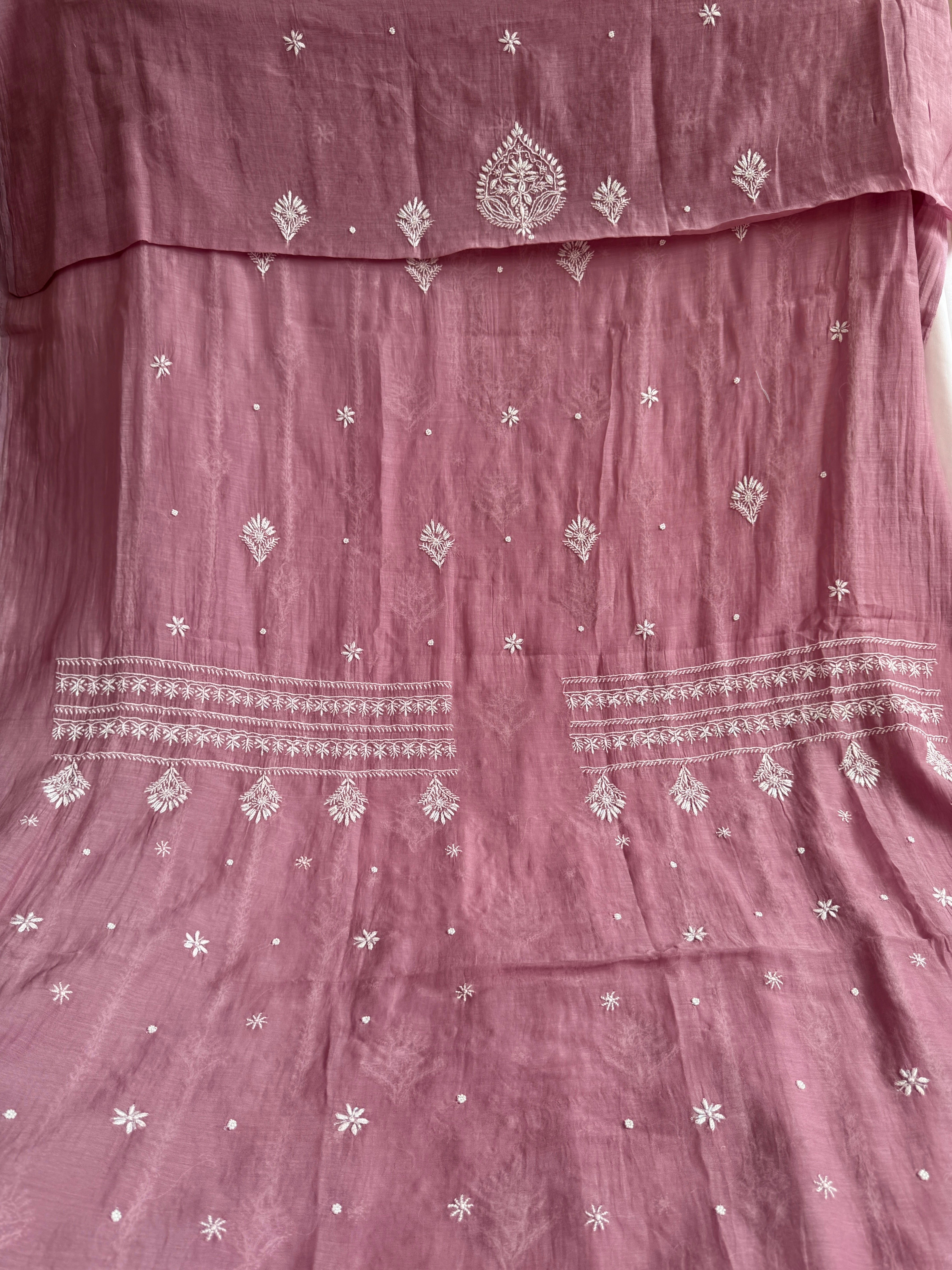 Mul Chanderi Chikankari Unstitched Length with Dupatta - Mauve