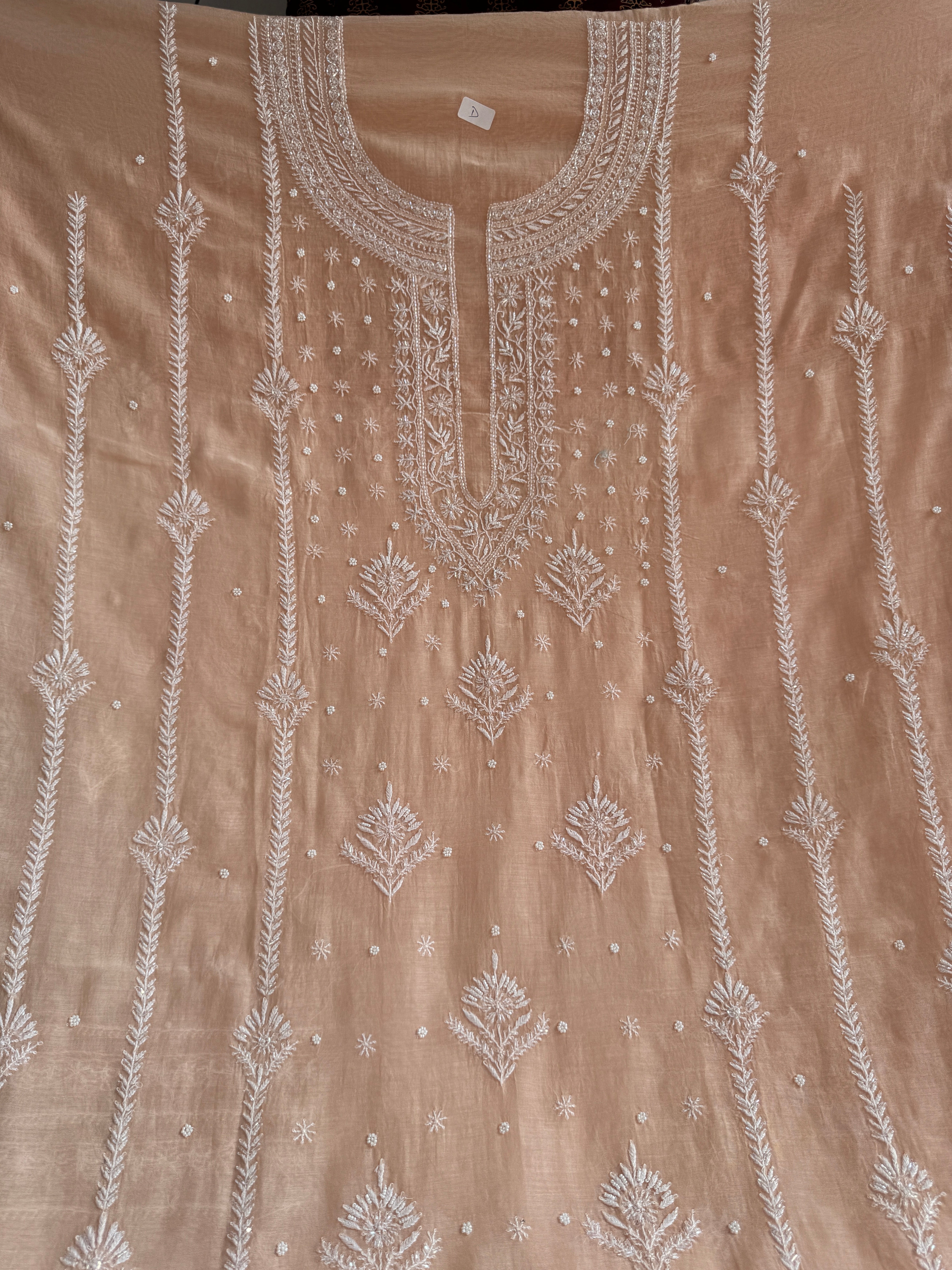 Mul Chanderi Chikankari Unstitched Length with Dupatta - Peach