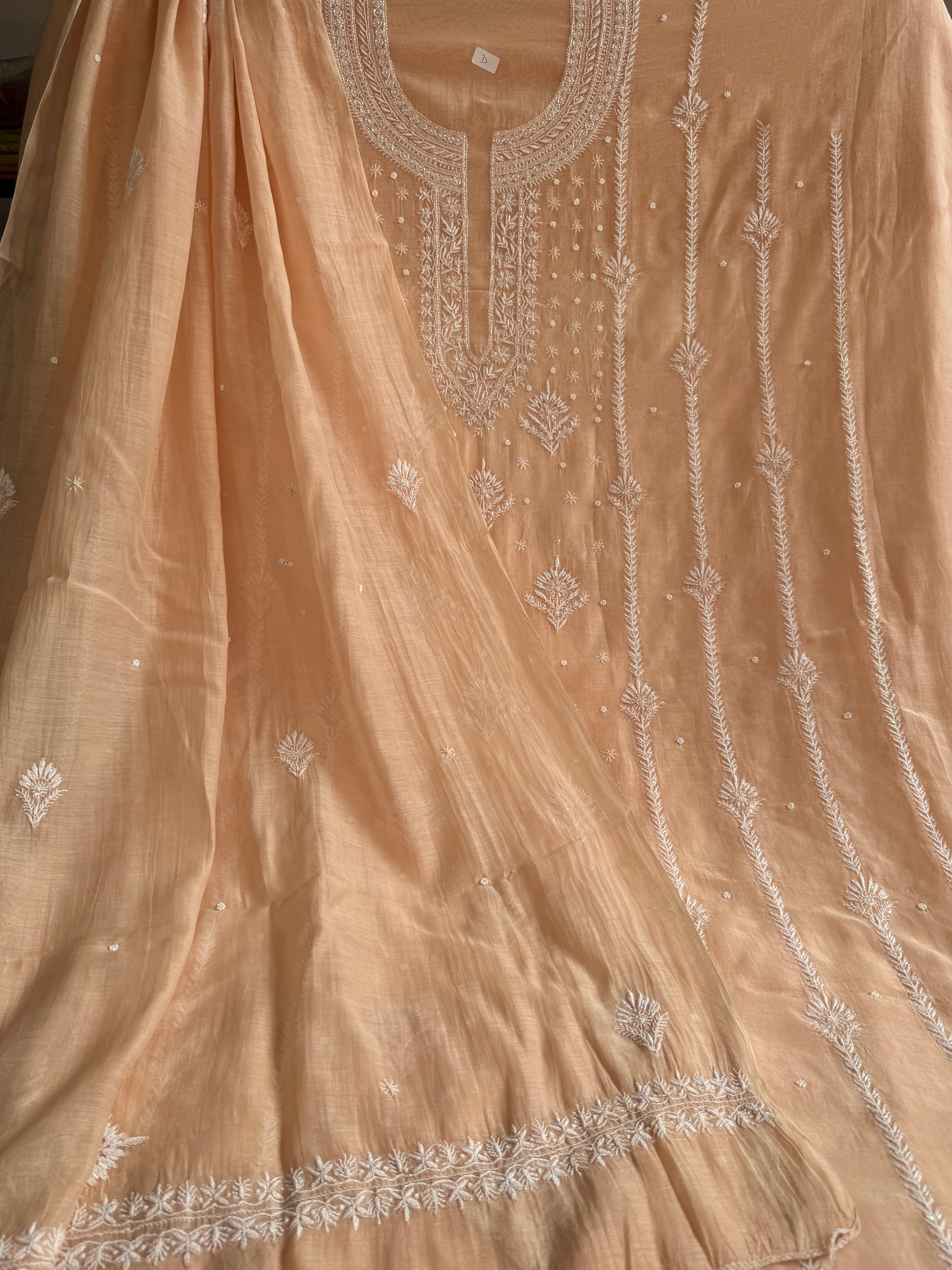 Mul Chanderi Chikankari Unstitched Length with Dupatta - Peach