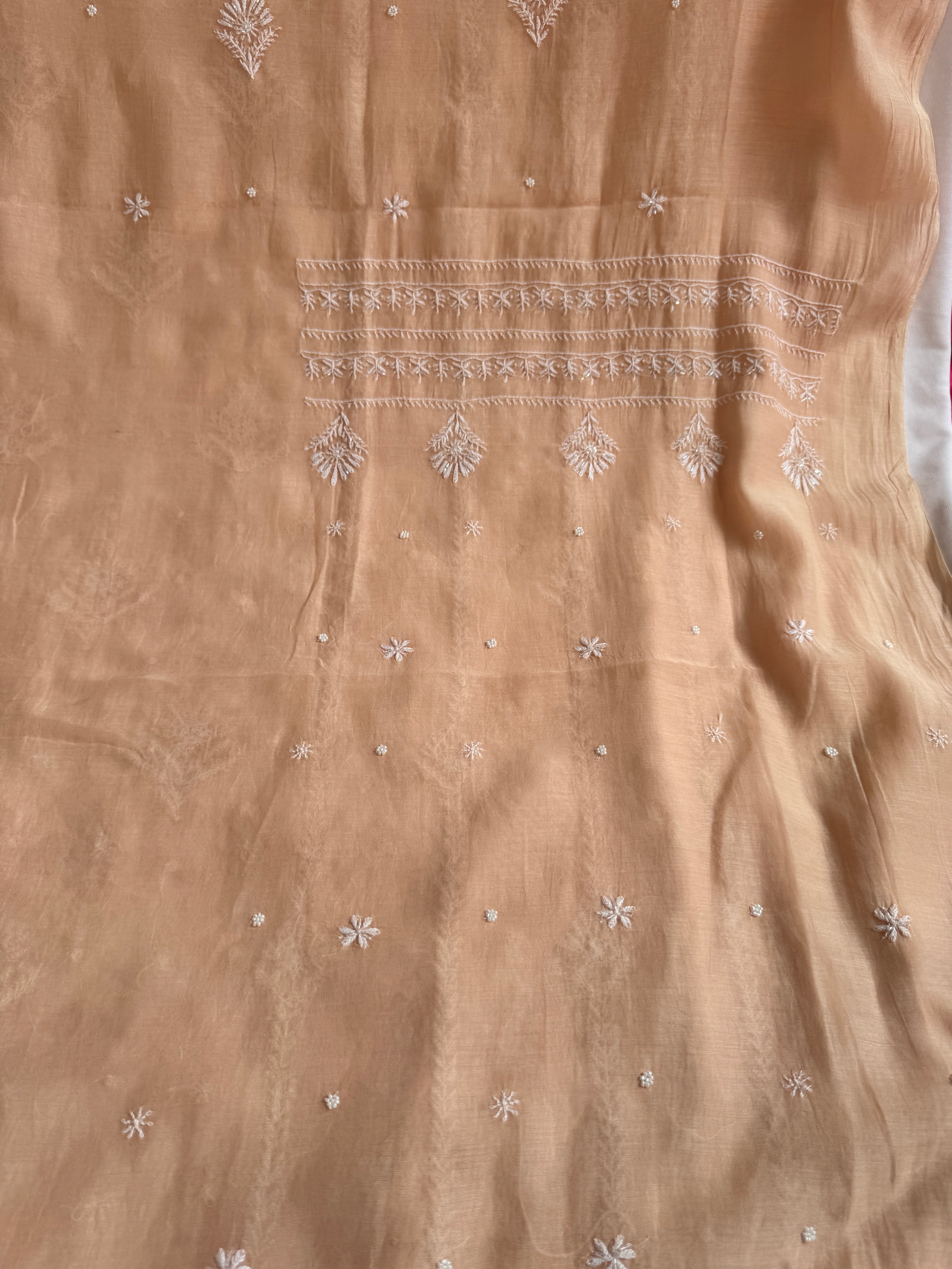 Mul Chanderi Chikankari Unstitched Length with Dupatta - Peach
