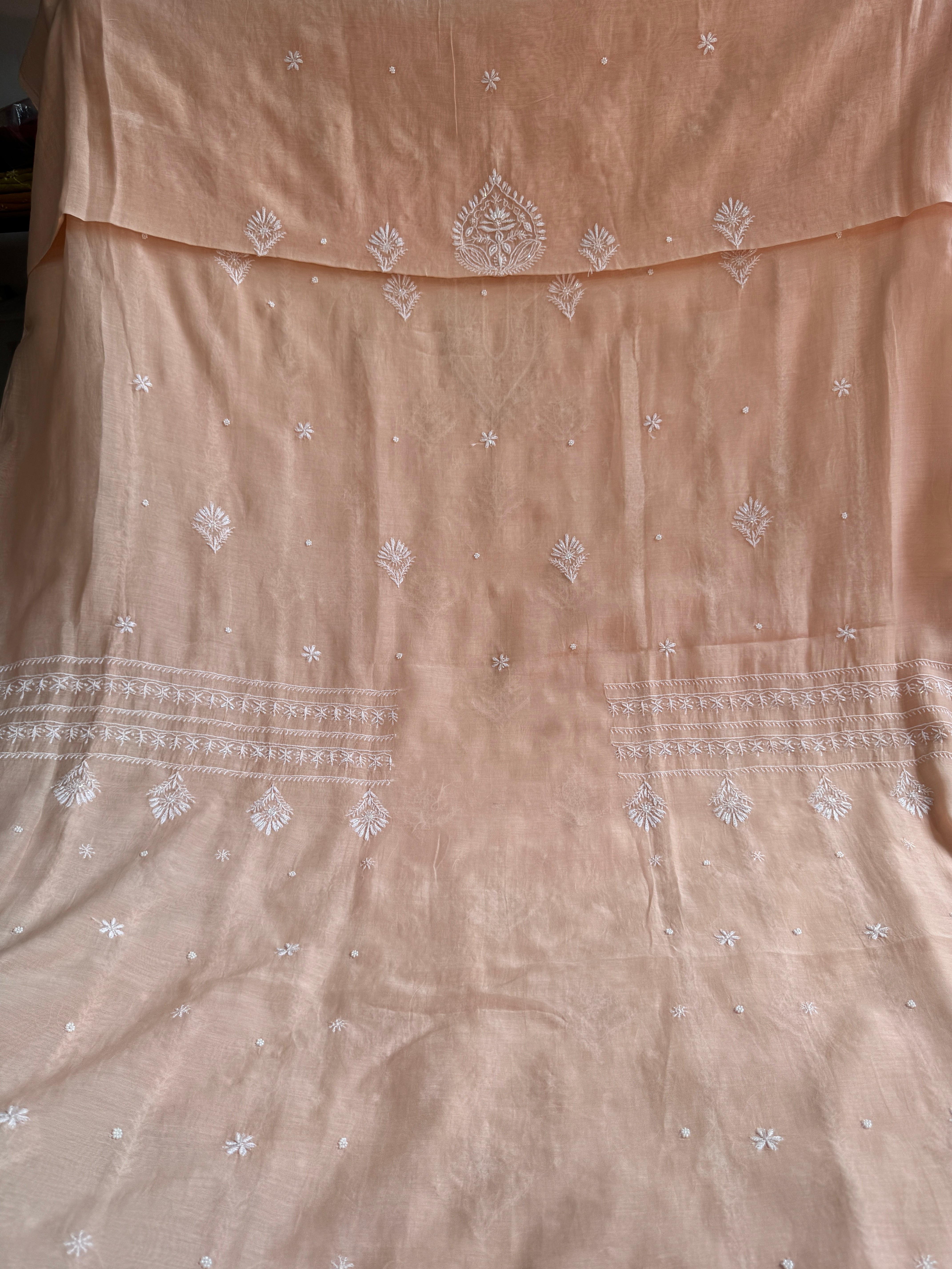 Mul Chanderi Chikankari Unstitched Length with Dupatta - Peach
