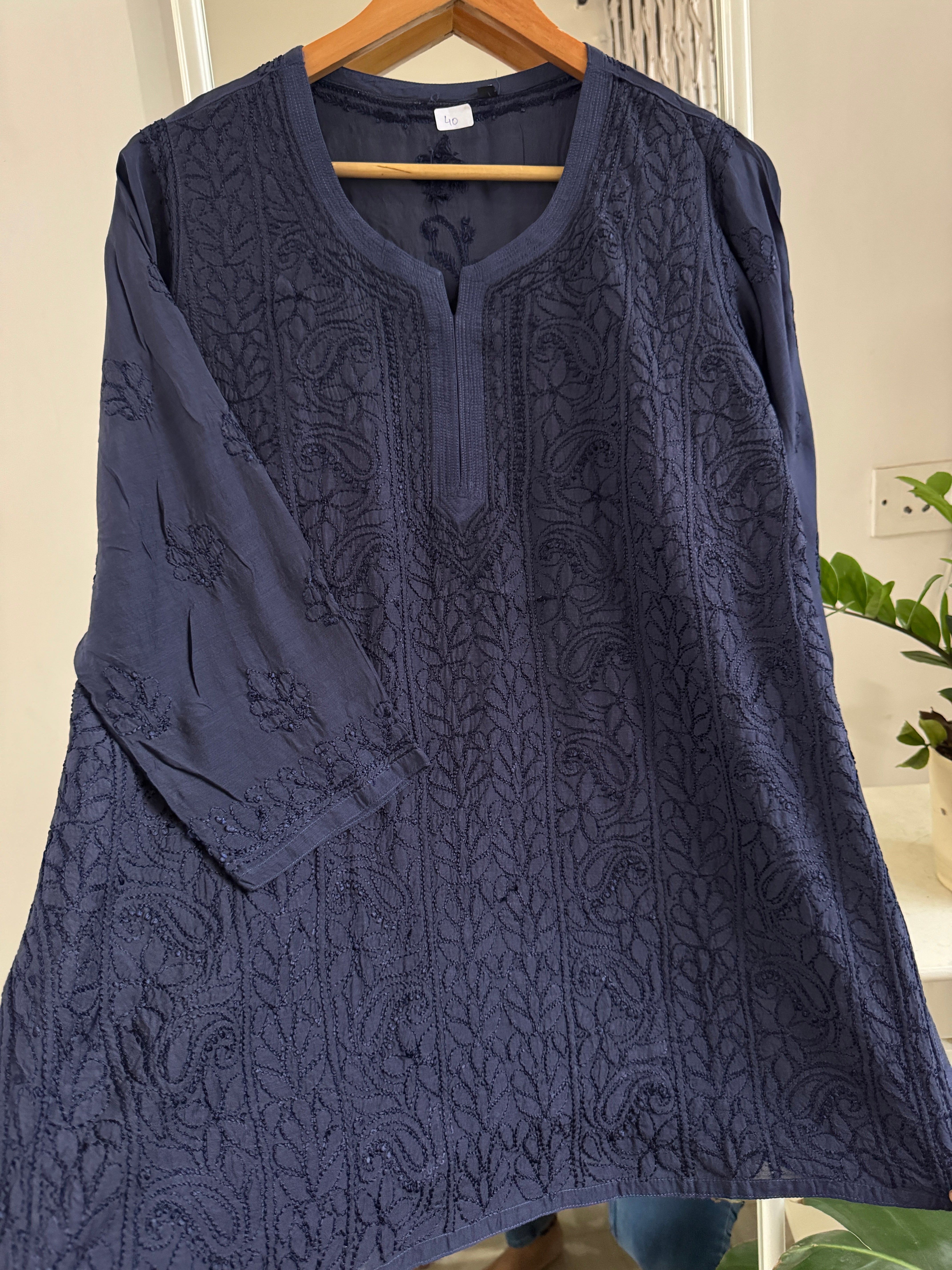 Chikankari Muslin short Top in MidNight Blue