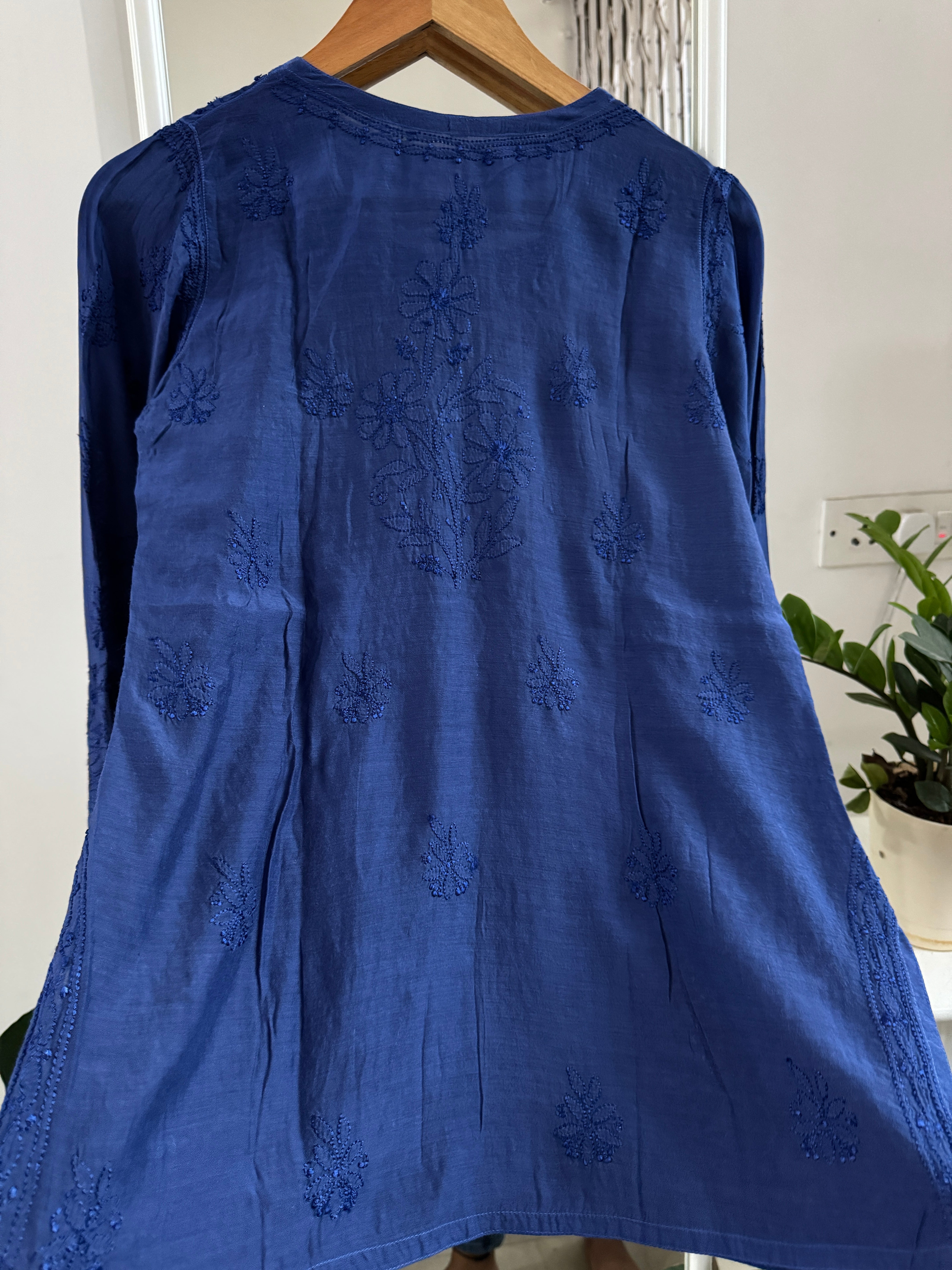 Chikankari Muslin short Top in sky Navy Blue