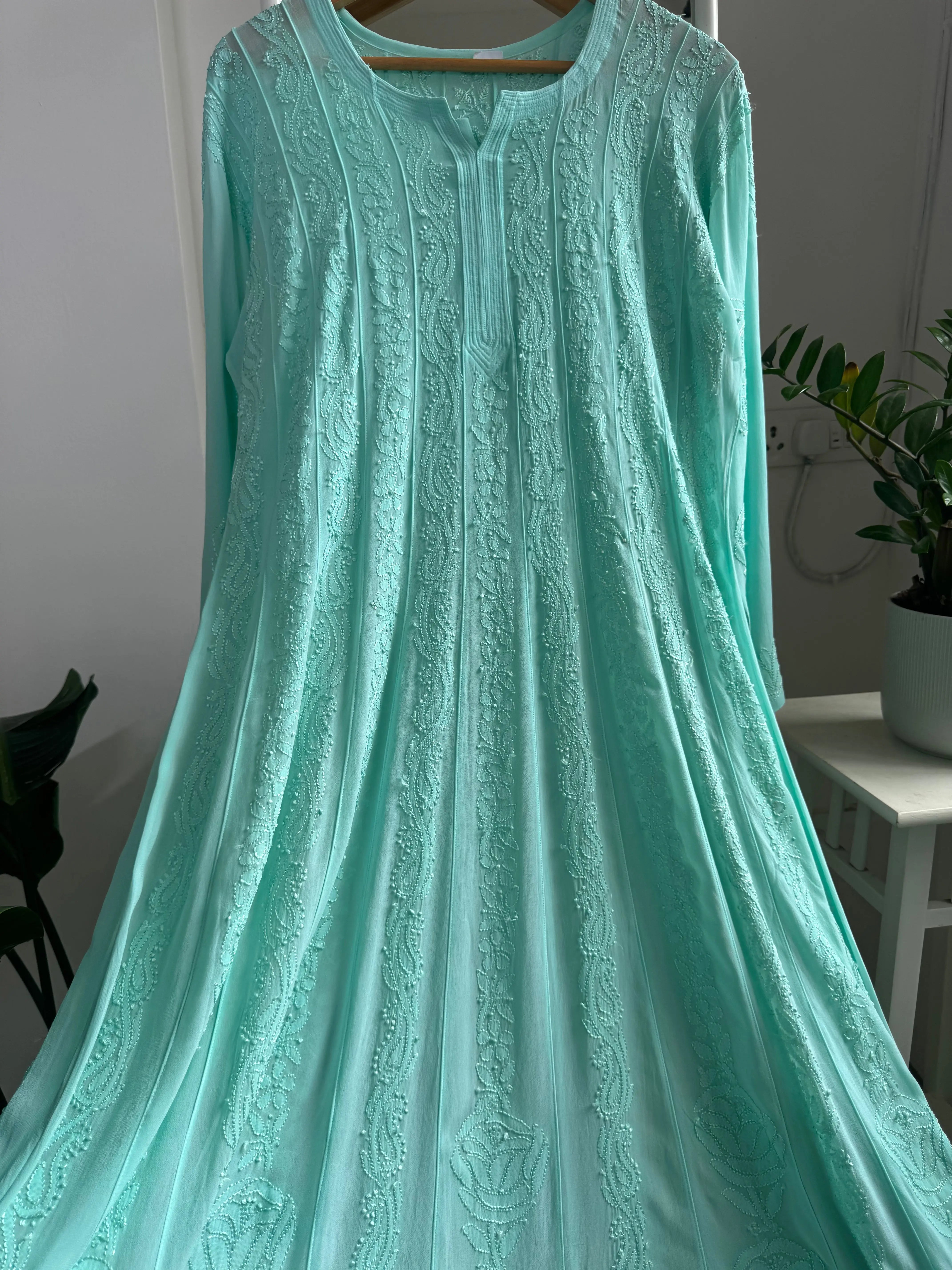 Viscose Chikankari Anarkali - Cyan Green ARIAA CHIKANKARI 