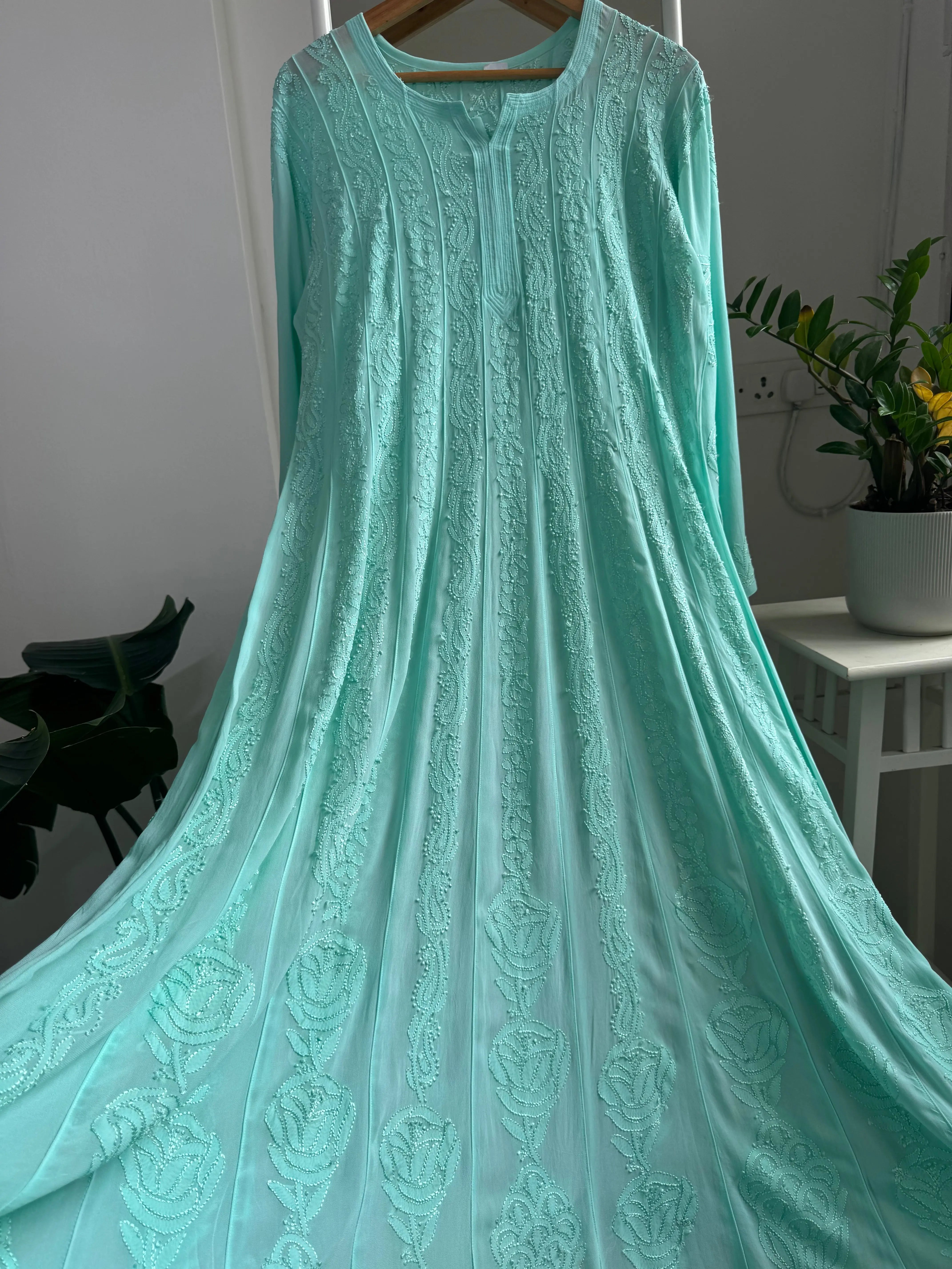 Viscose Chikankari Anarkali - Cyan Green ARIAA CHIKANKARI 