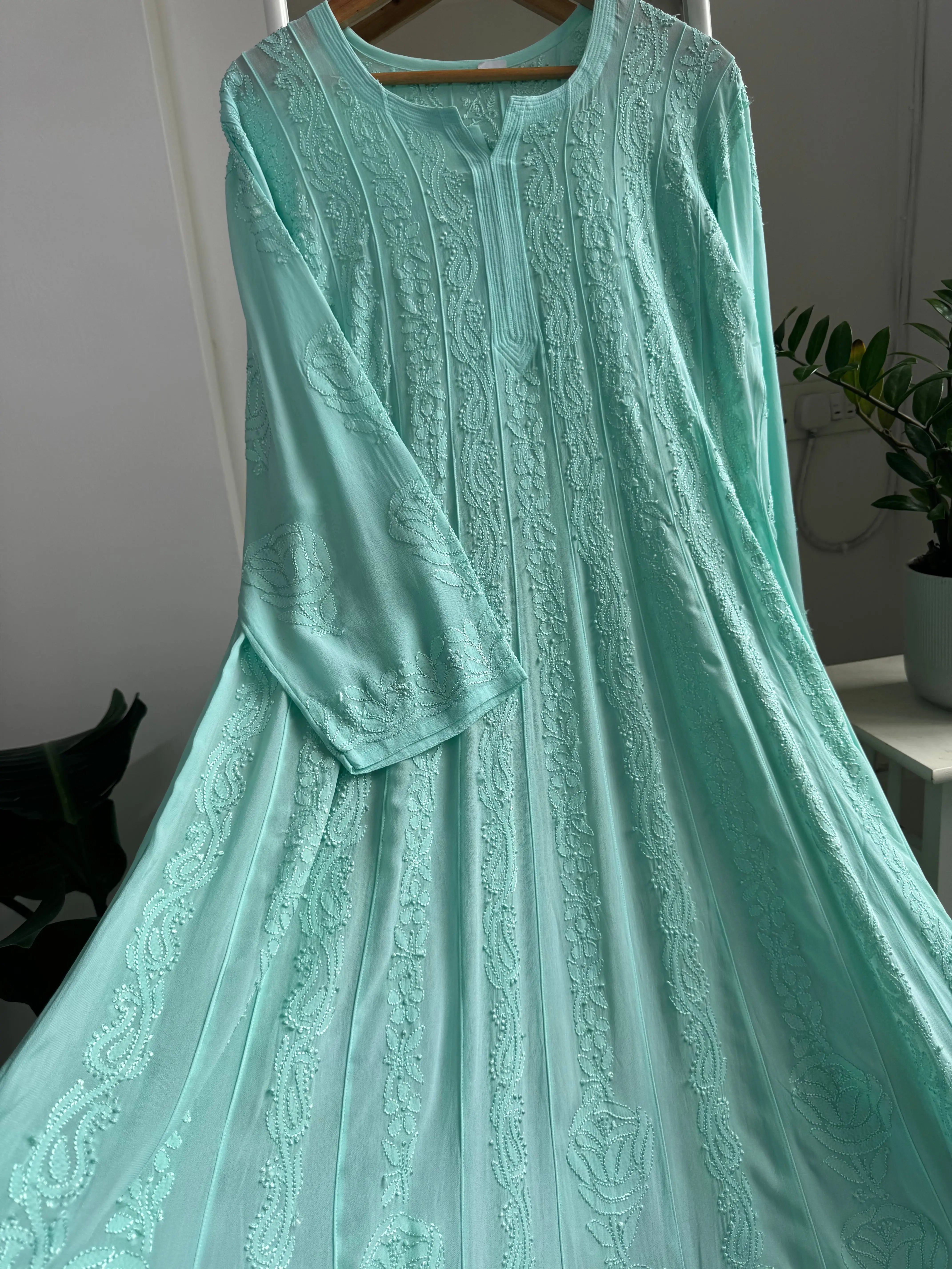 Viscose Chikankari Anarkali - Cyan Green ARIAA CHIKANKARI 