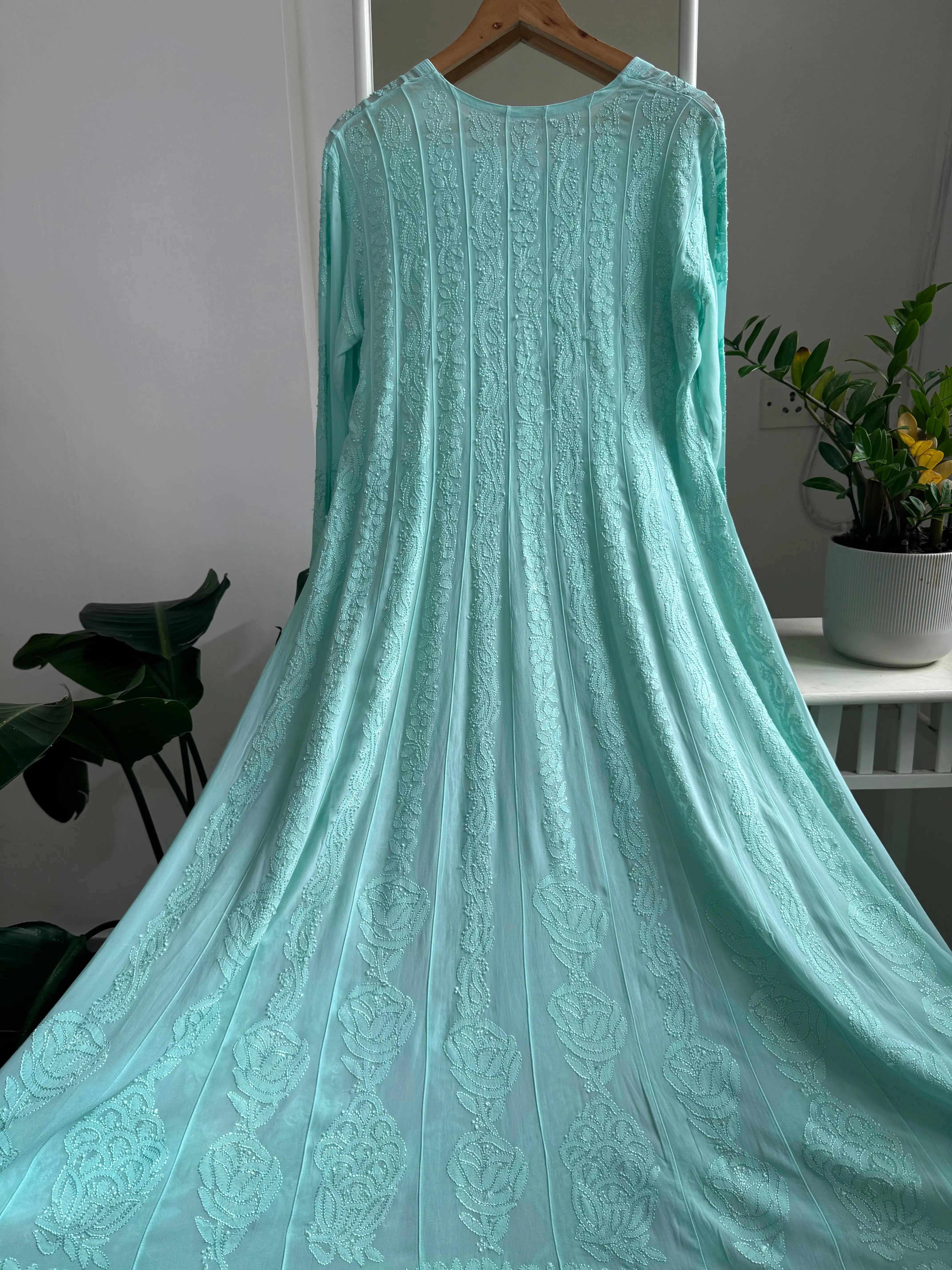 Viscose Chikankari Anarkali - Cyan Green ARIAA CHIKANKARI 