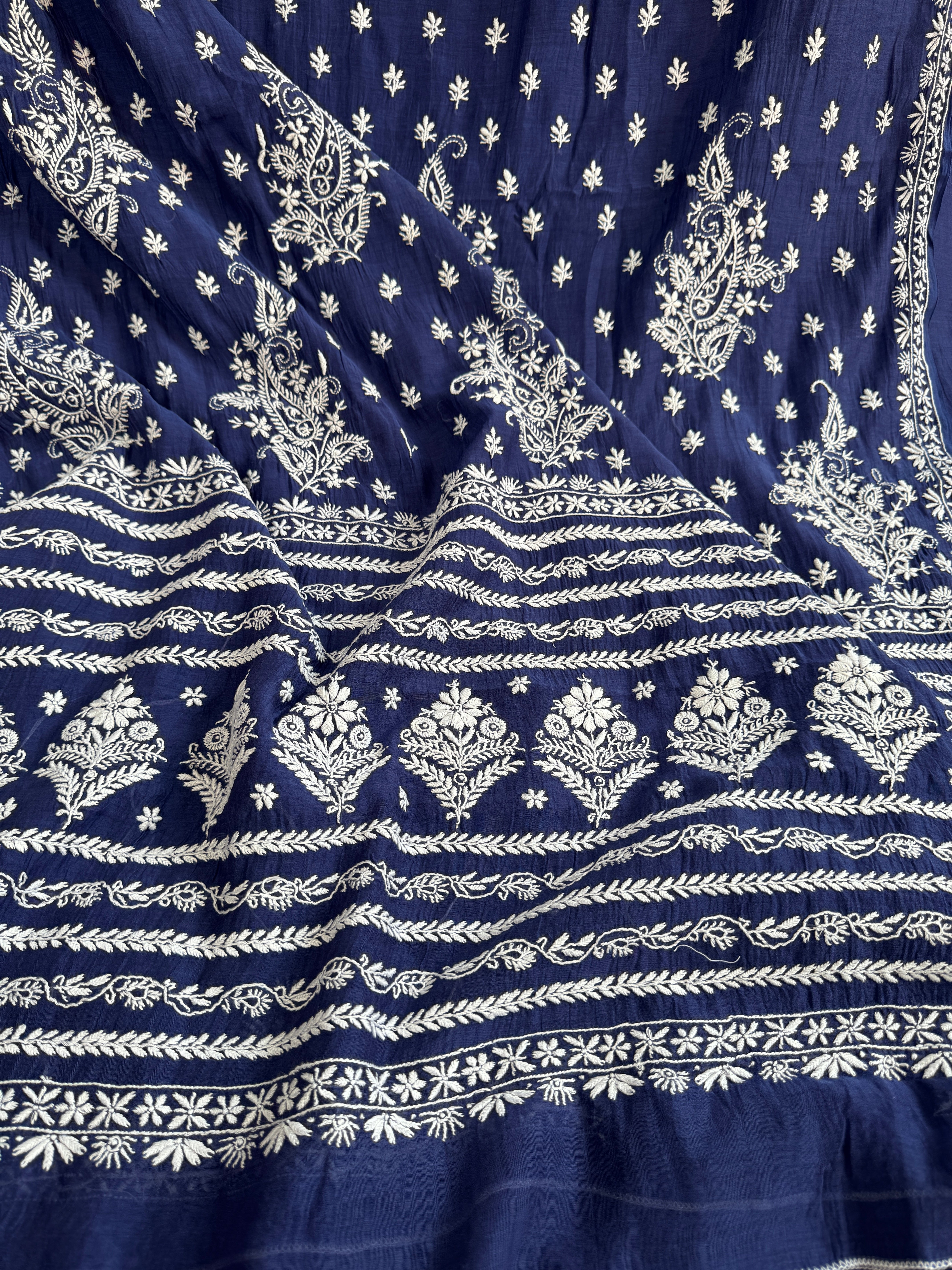 Pure Mul Chanderi Chikankari saree in Blue