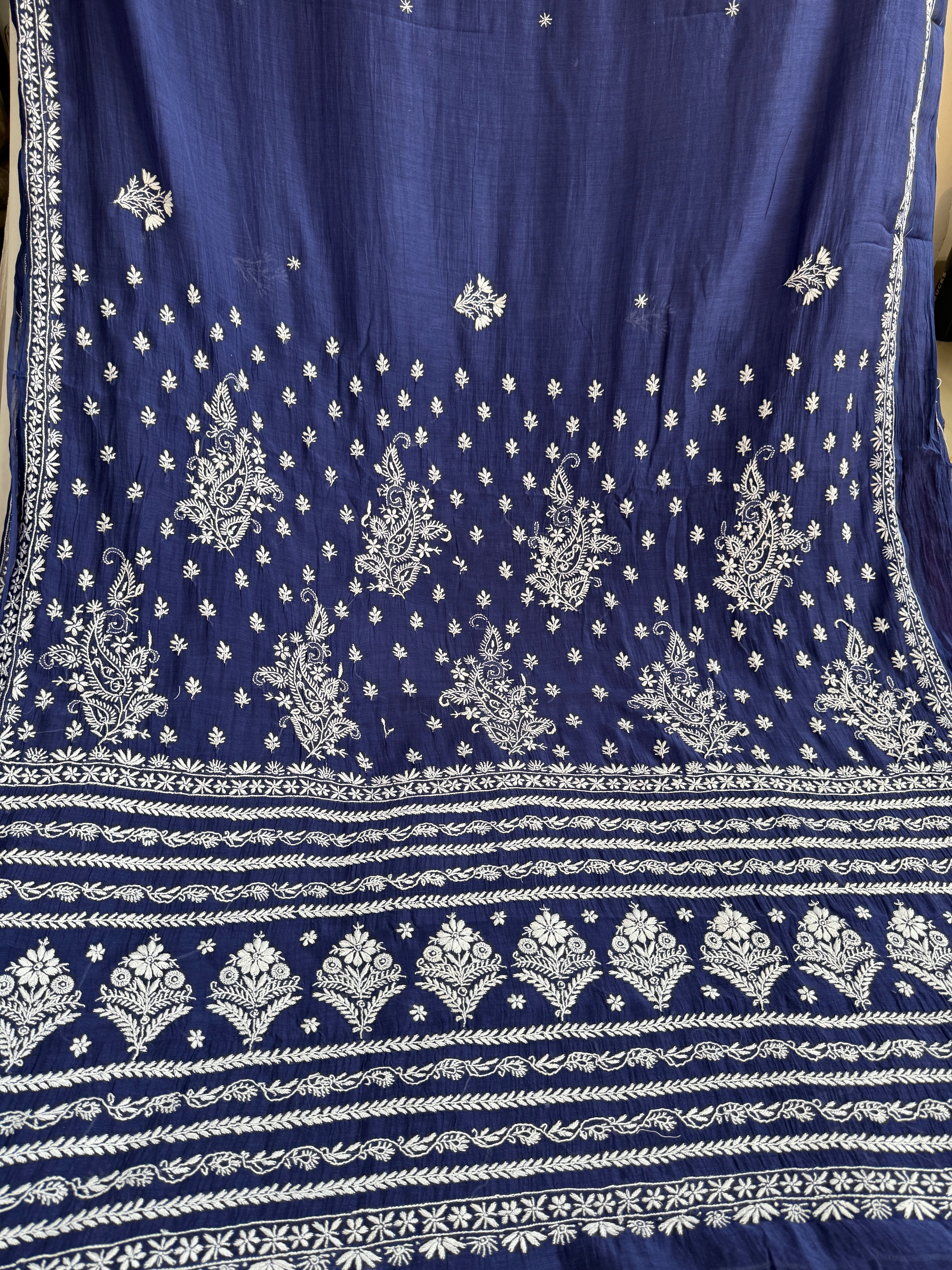 Pure Mul Chanderi Chikankari saree in Blue