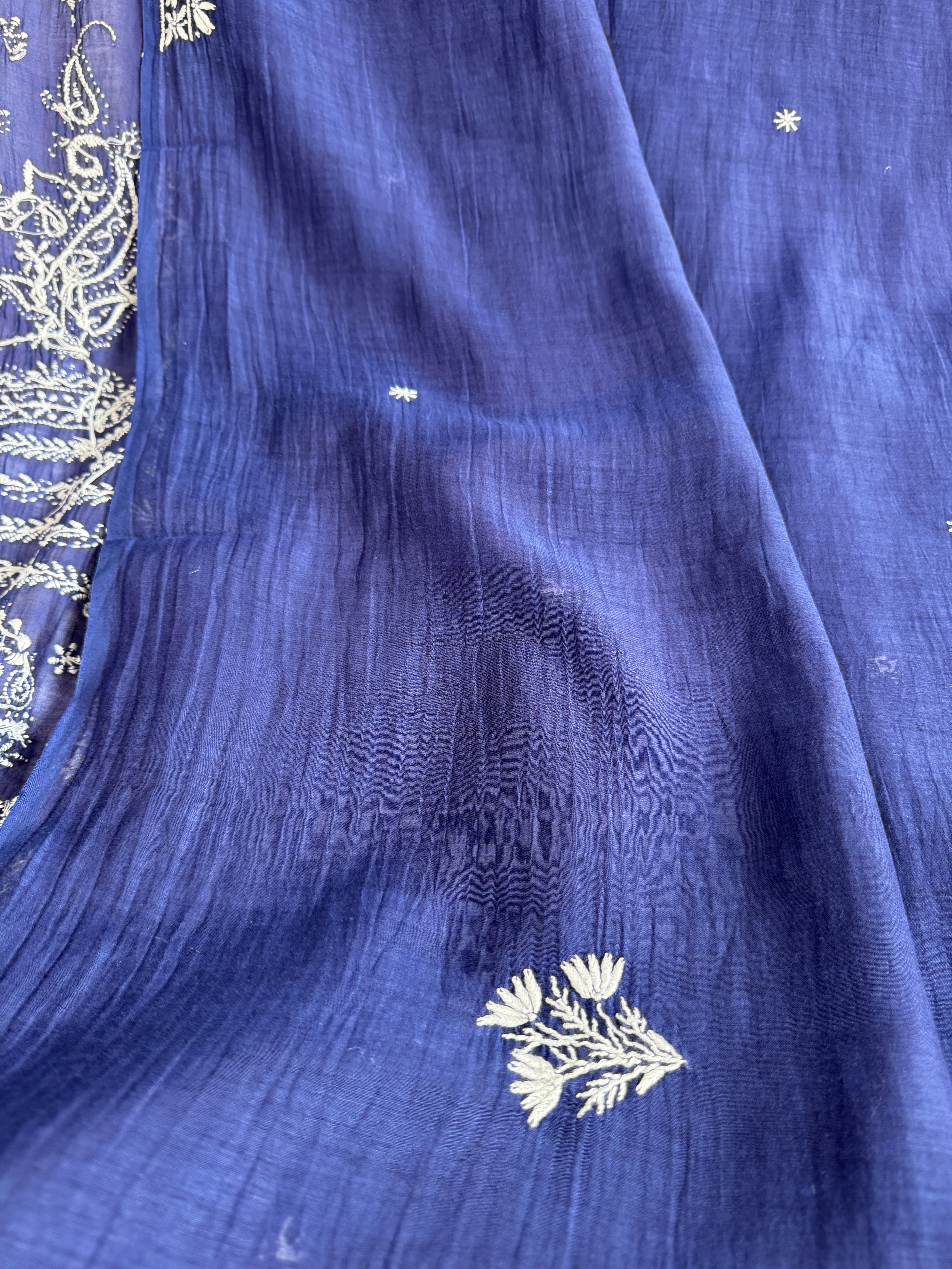 Pure Mul Chanderi Chikankari saree in Blue