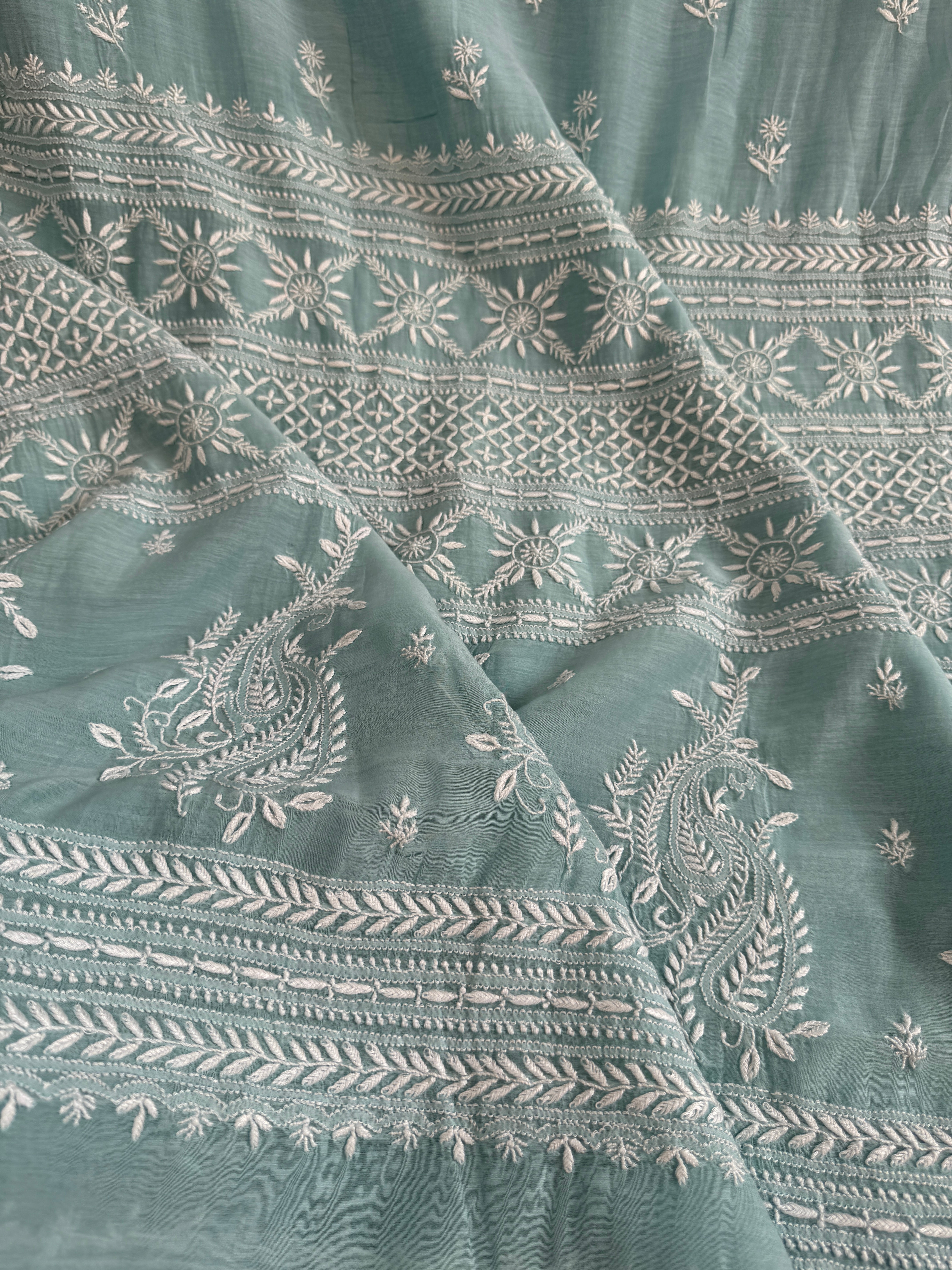 Pure Mul Chanderi Chikankari saree in Sea Blue