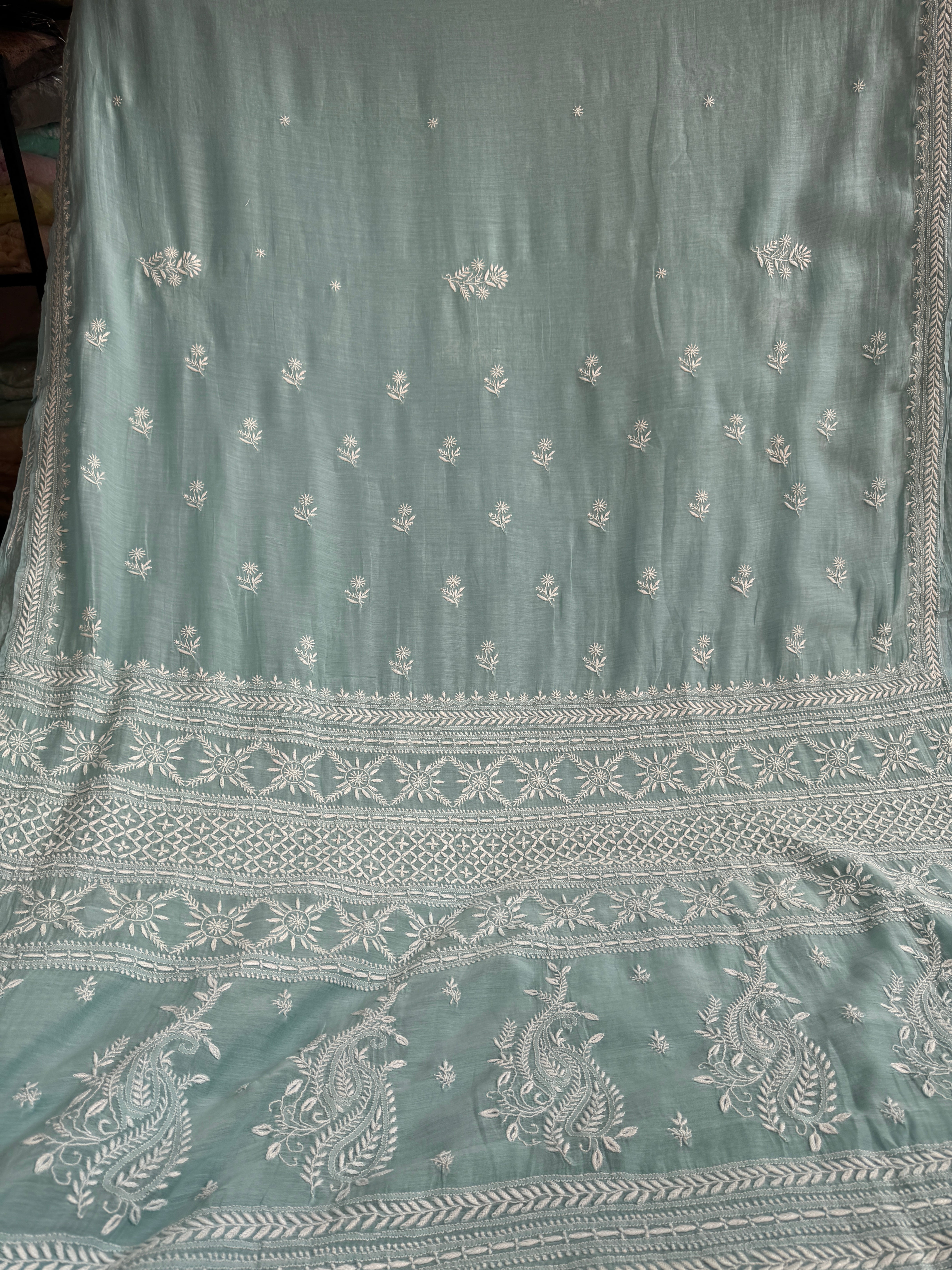 Pure Mul Chanderi Chikankari saree in Sea Blue