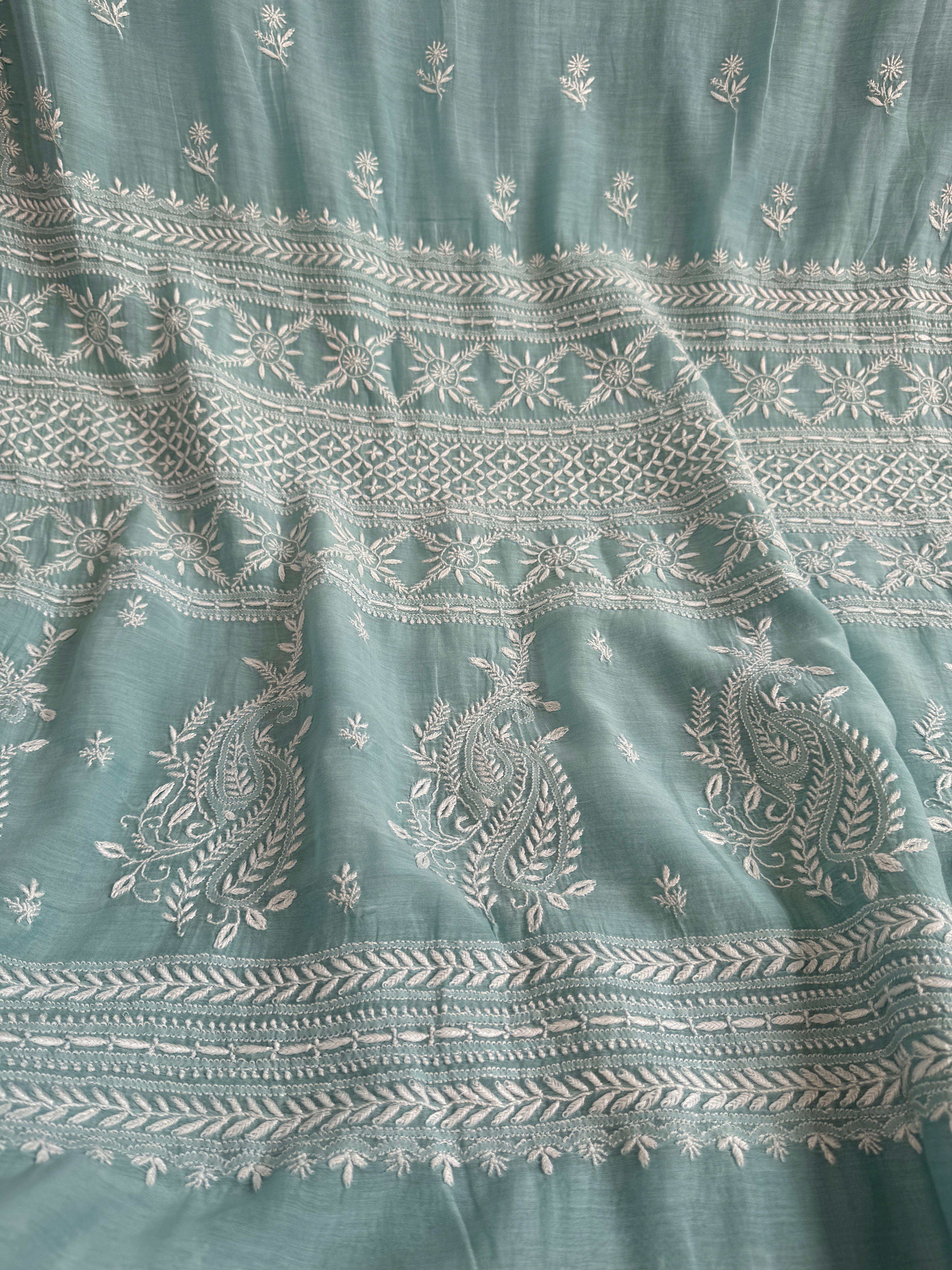 Pure Mul Chanderi Chikankari saree in Sea Blue