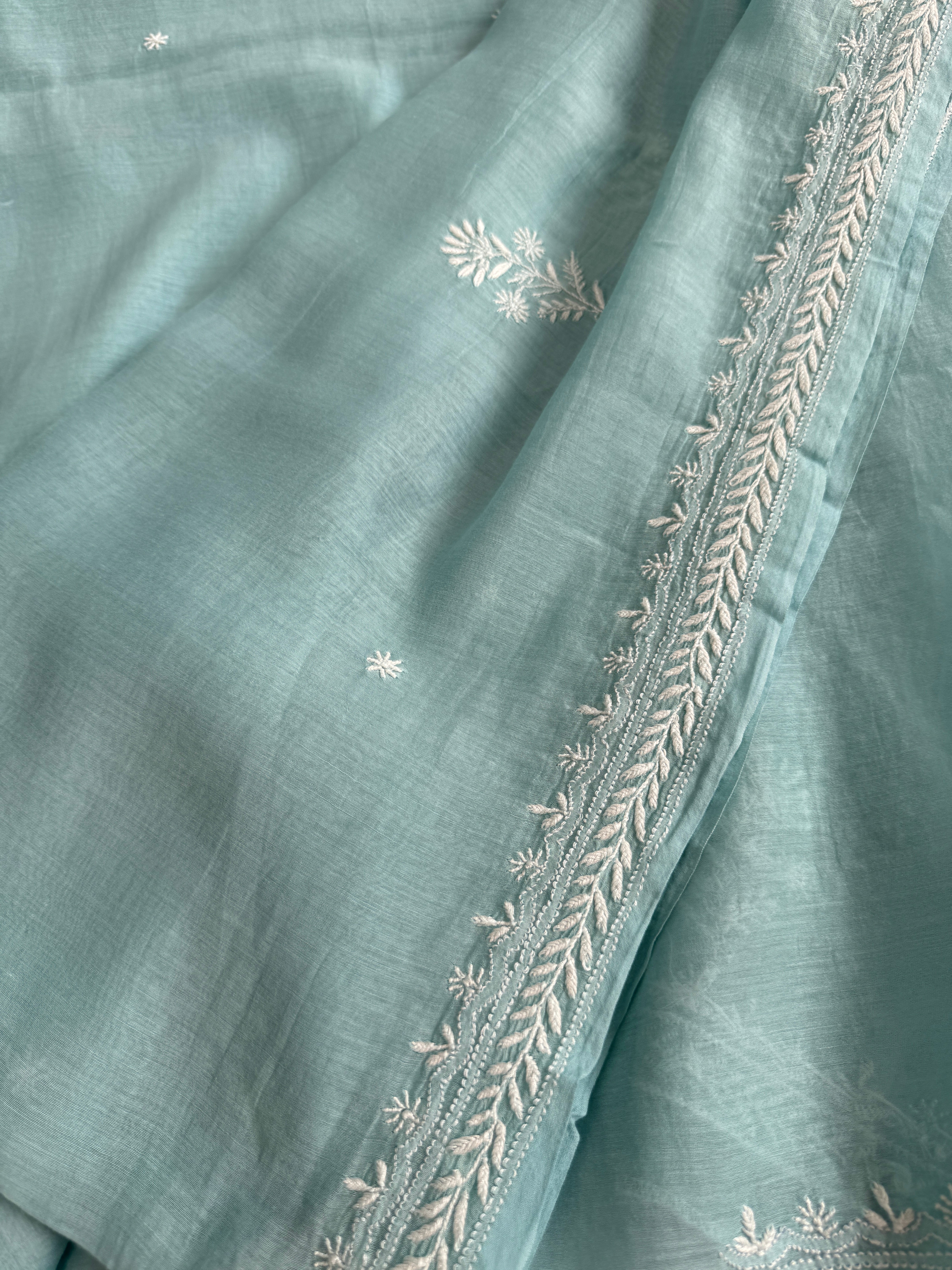 Pure Mul Chanderi Chikankari saree in Sea Blue