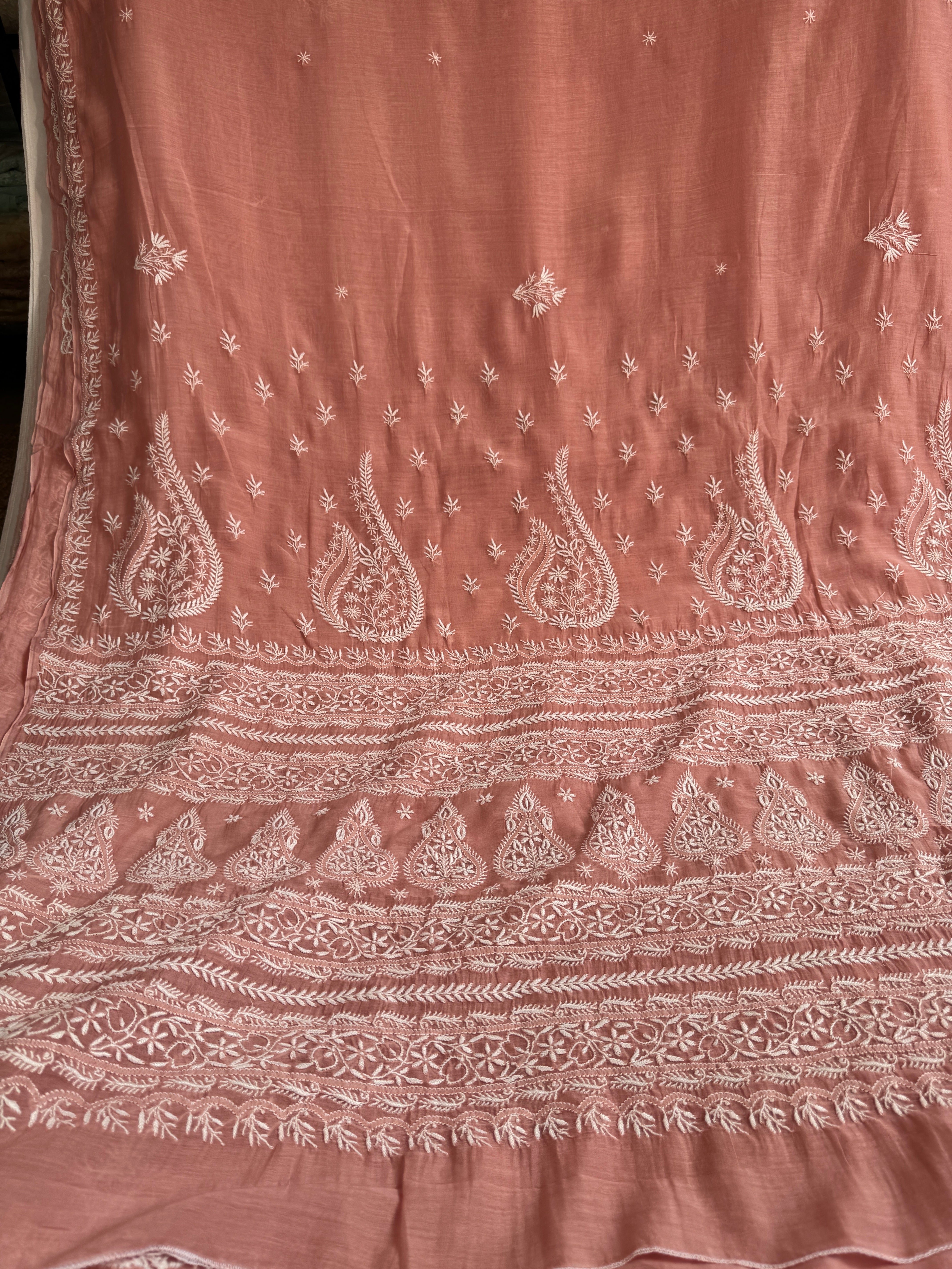 Pure Mul Chanderi Chikankari saree in Rosewood pink