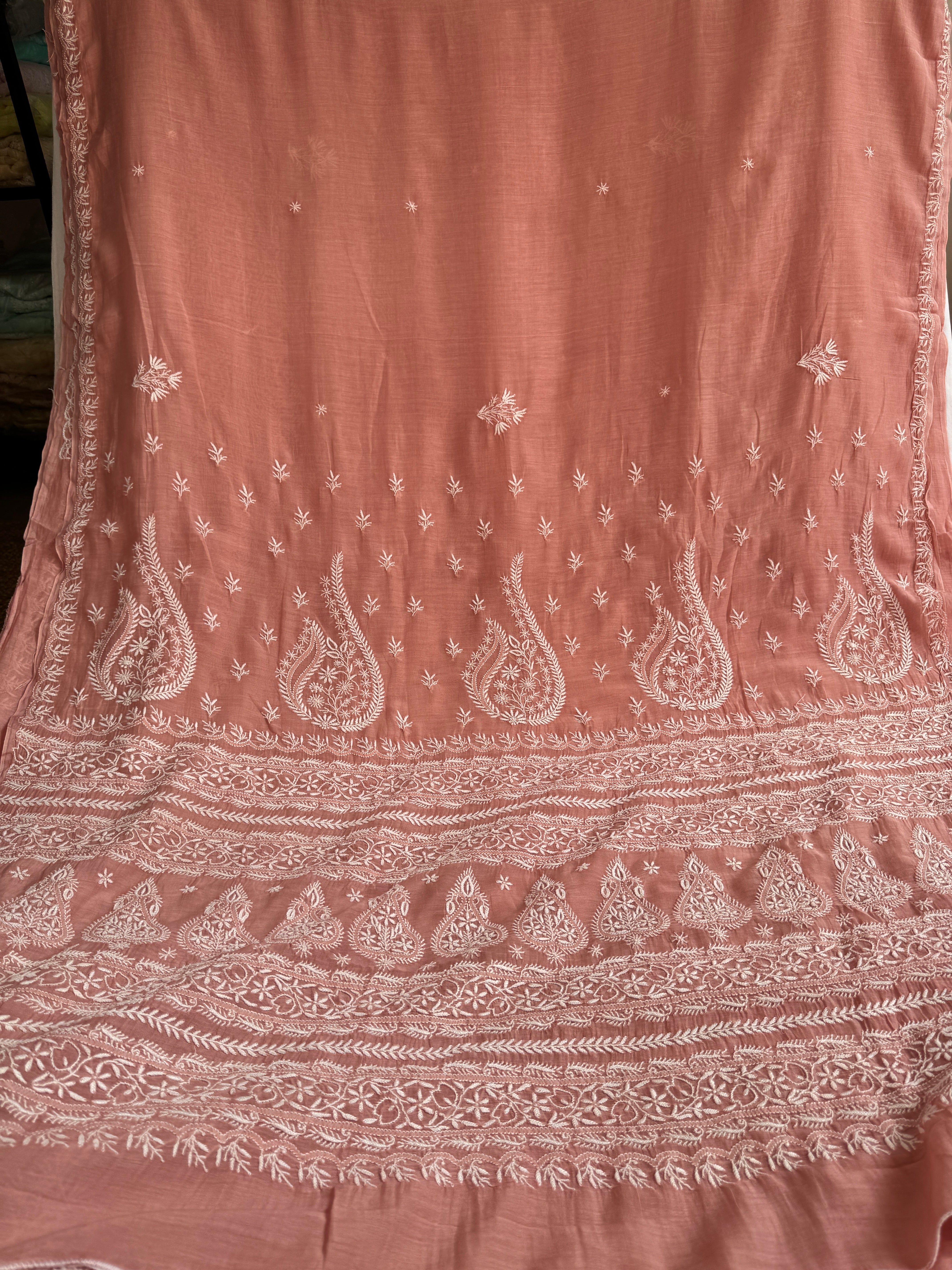 Pure Mul Chanderi Chikankari saree in Rosewood pink