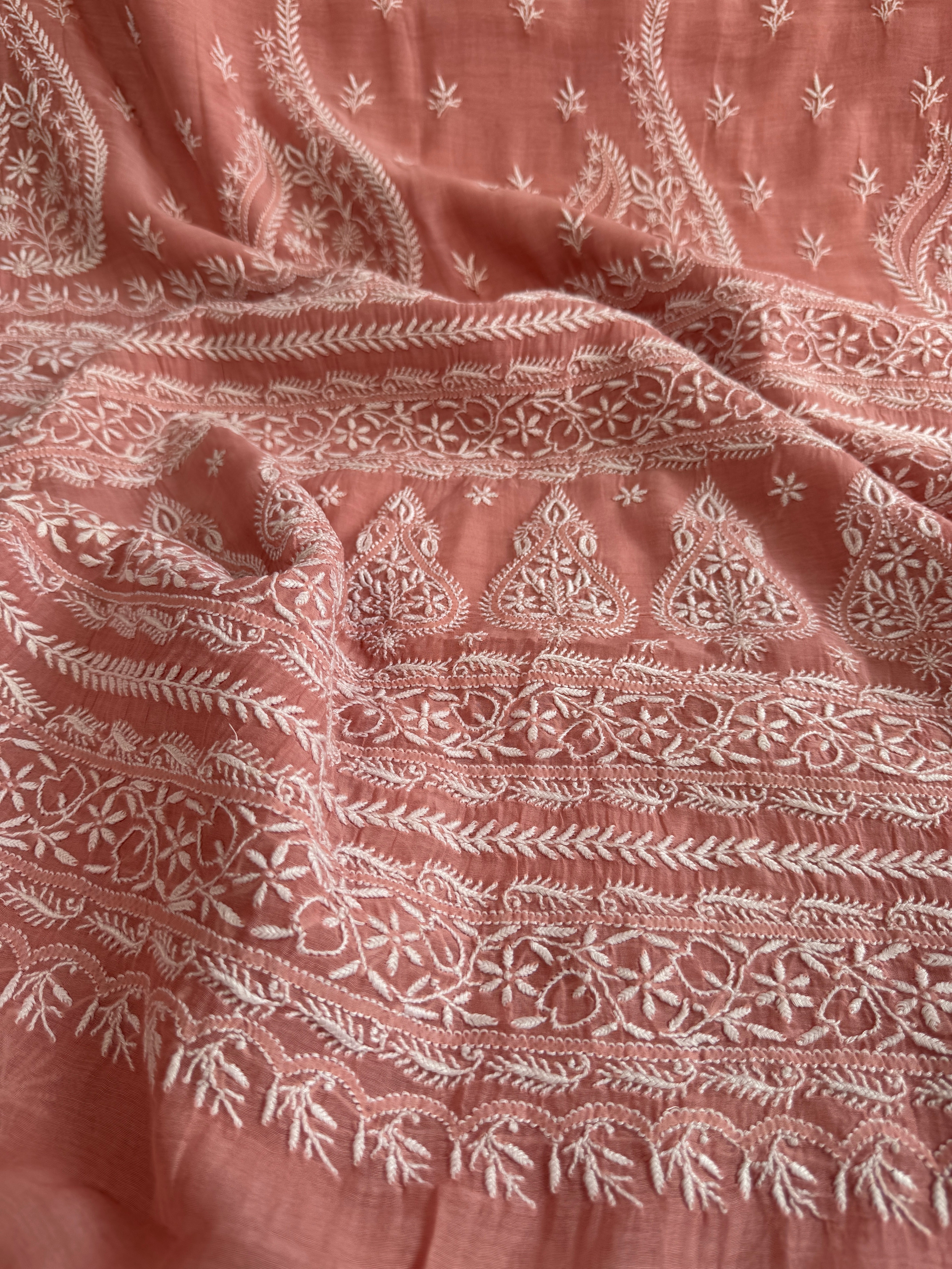 Pure Mul Chanderi Chikankari saree in Rosewood pink