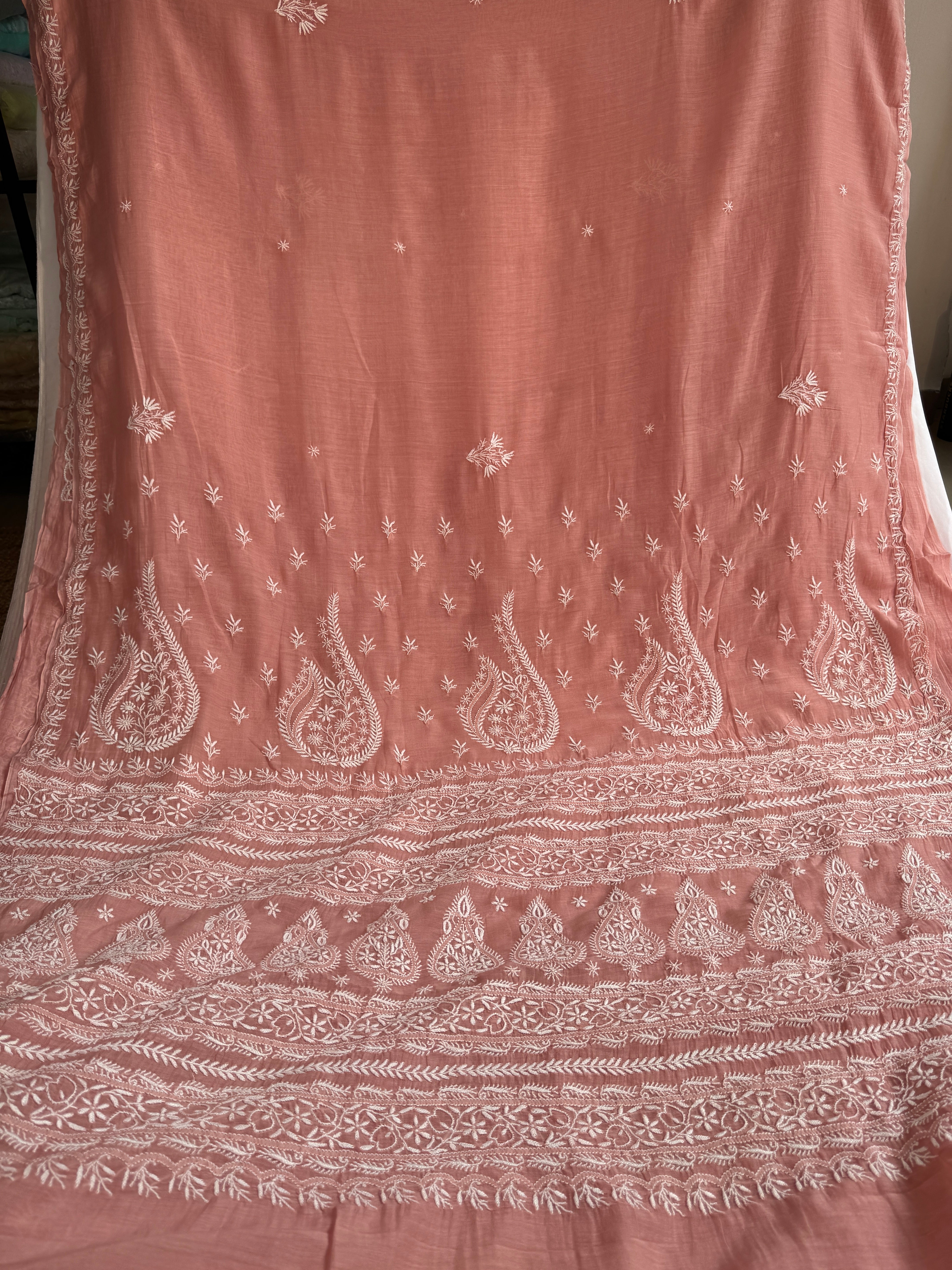 Pure Mul Chanderi Chikankari saree in Rosewood pink