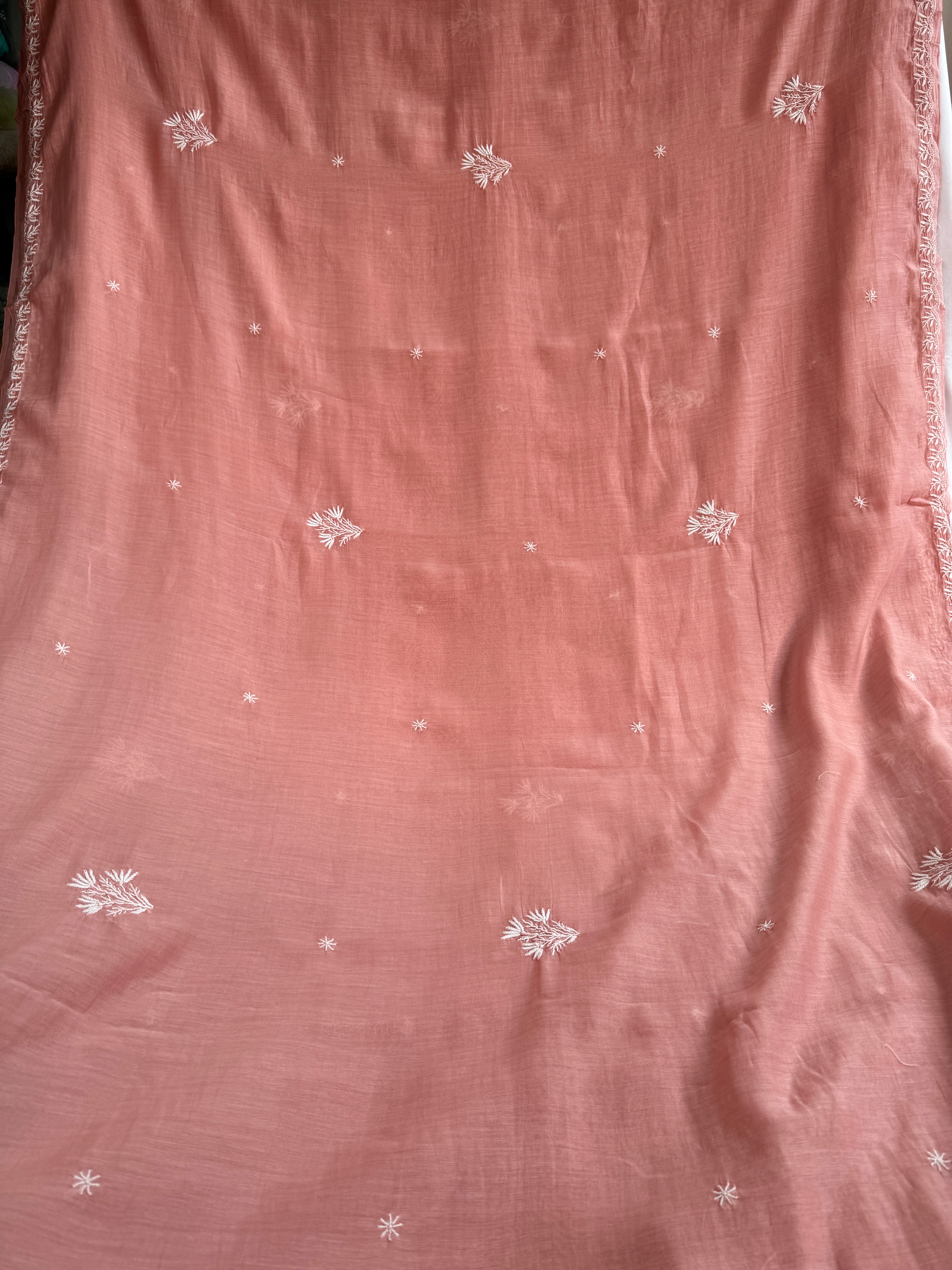 Pure Mul Chanderi Chikankari saree in Rosewood pink