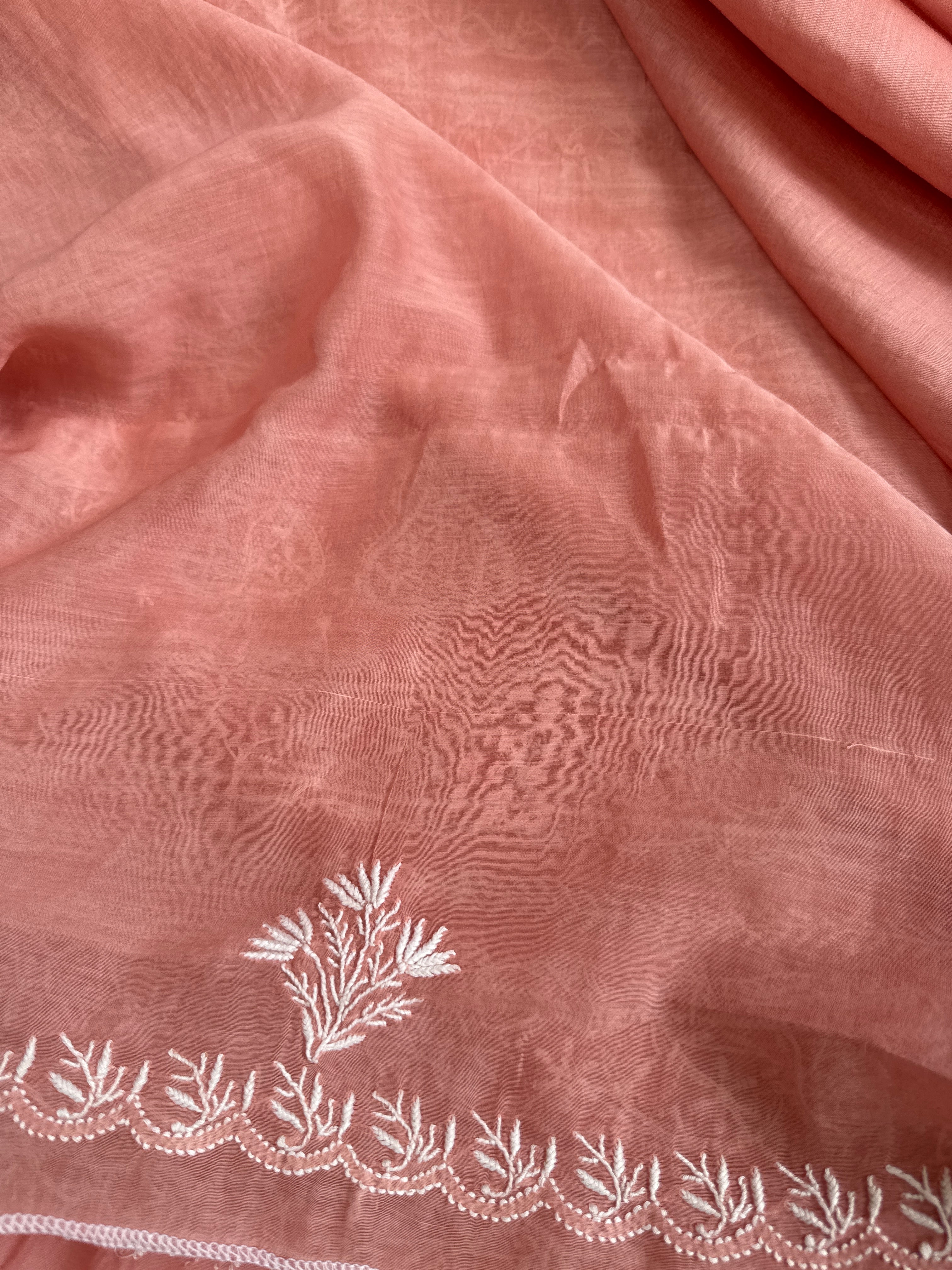 Pure Mul Chanderi Chikankari saree in Rosewood pink