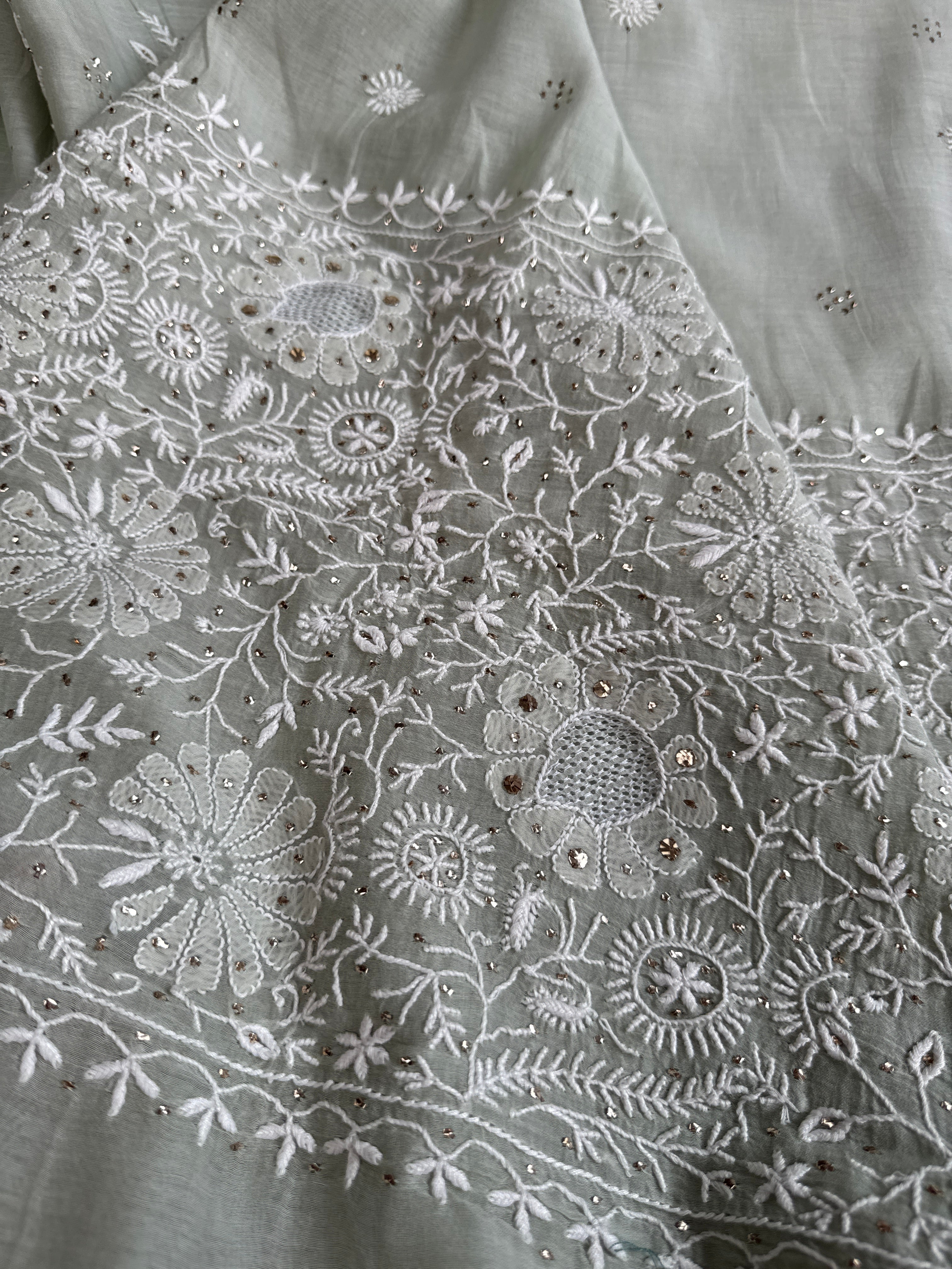 Pure Mul Chanderi Chikankari saree in Grey Green with Mukaish work