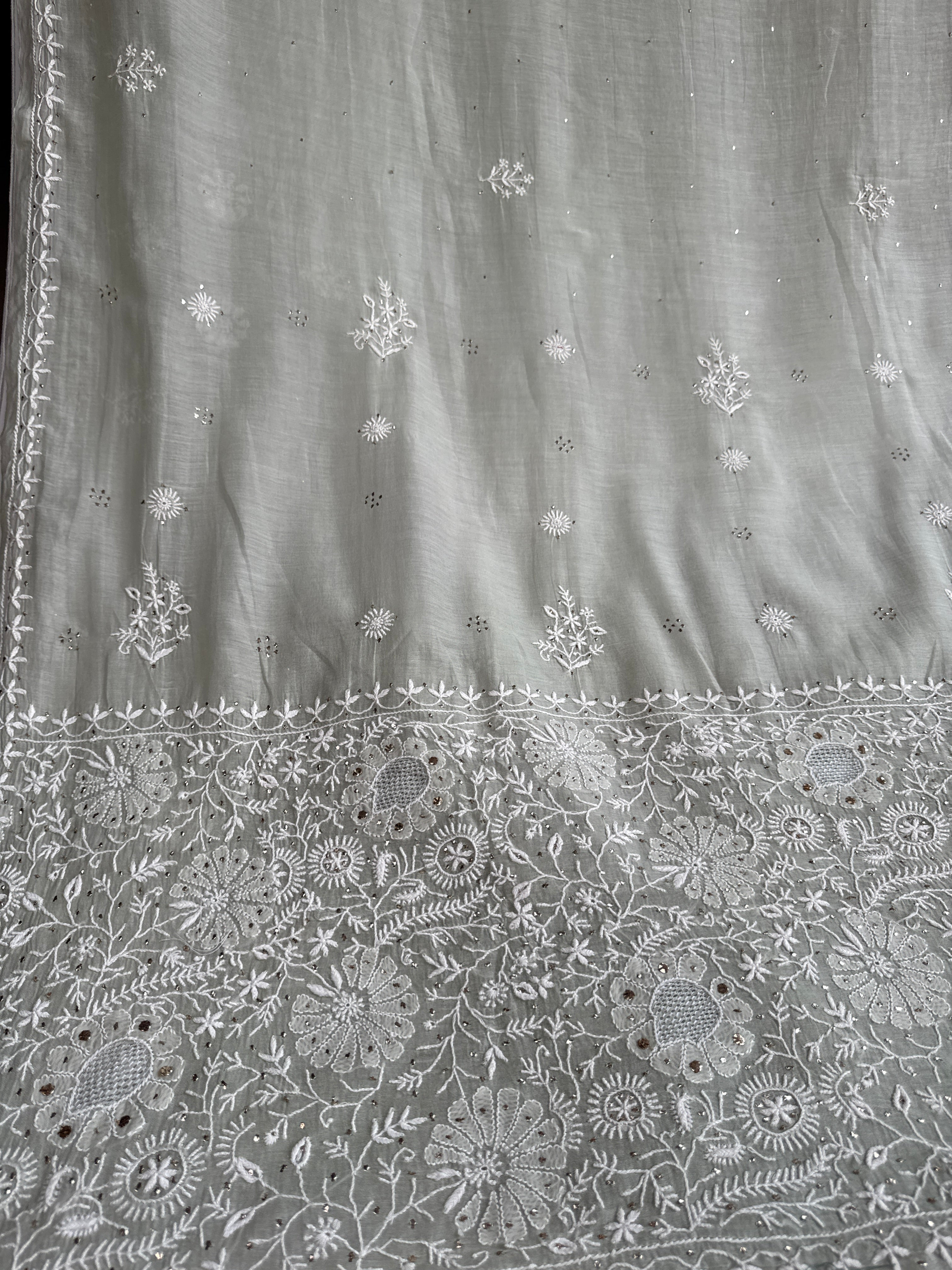 Pure Mul Chanderi Chikankari saree in Grey Green with Mukaish work
