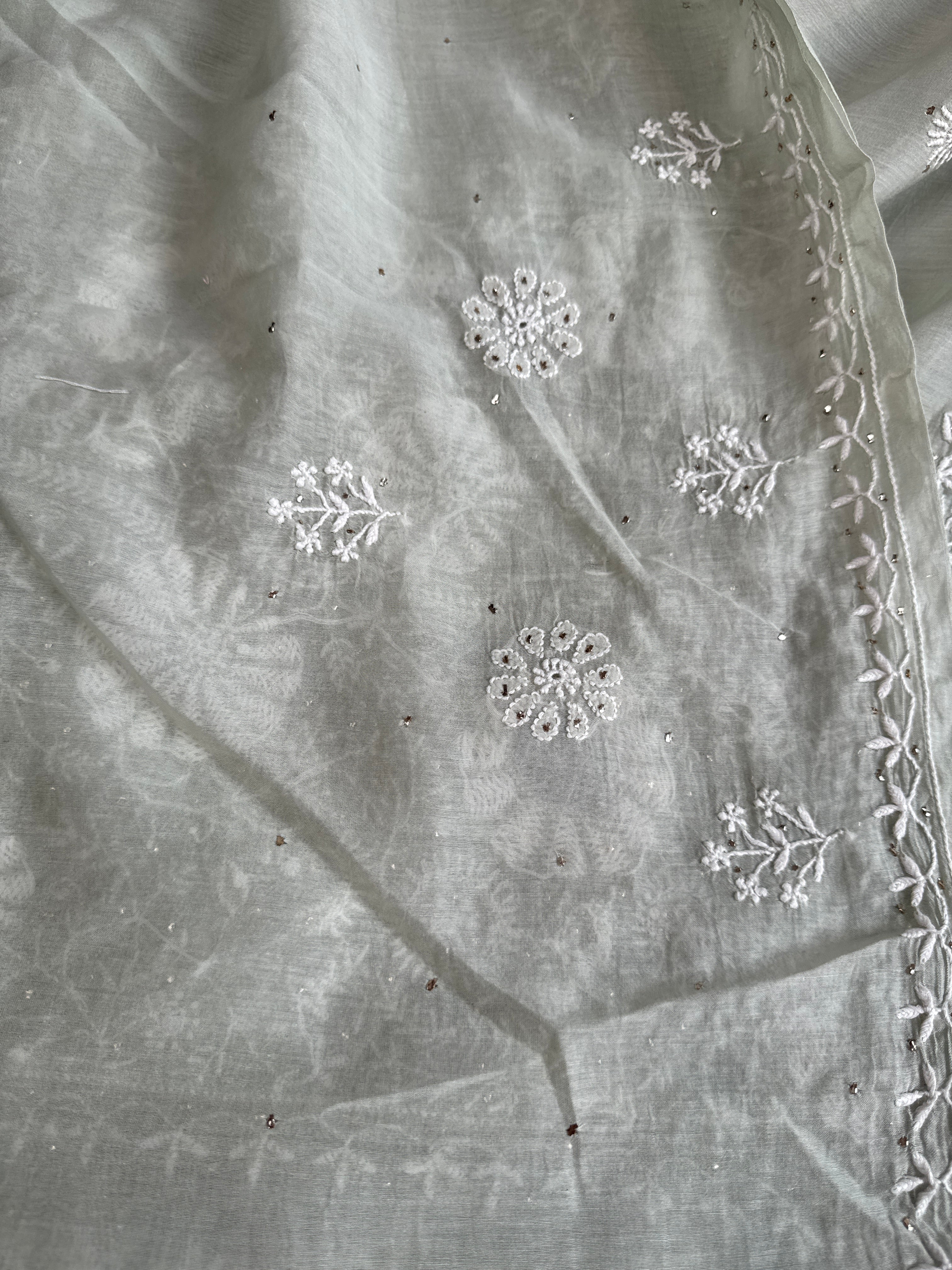 Pure Mul Chanderi Chikankari saree in Grey Green with Mukaish work