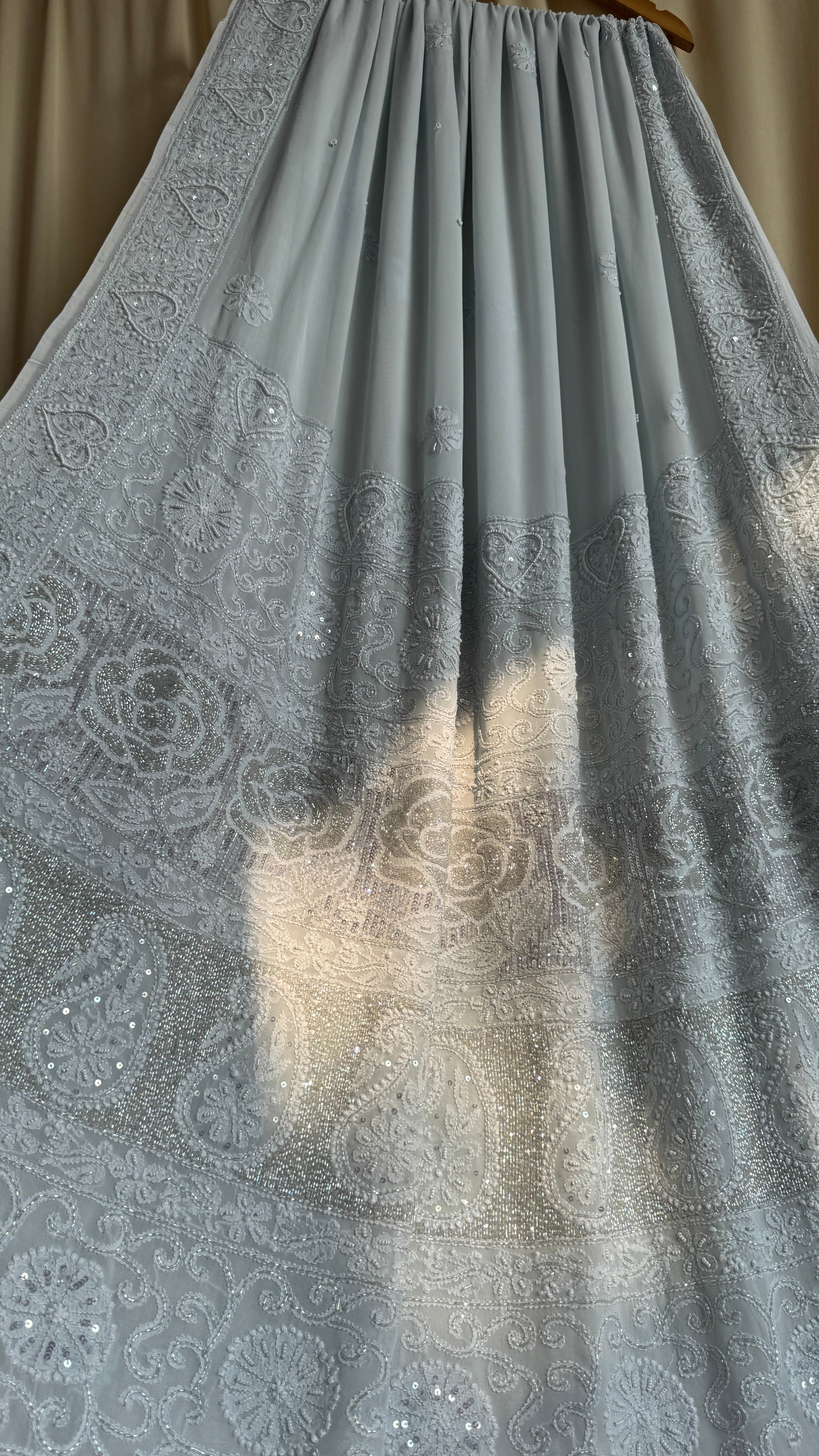 Viscose Light cool grey Chikankari saree with Pearl embellishments