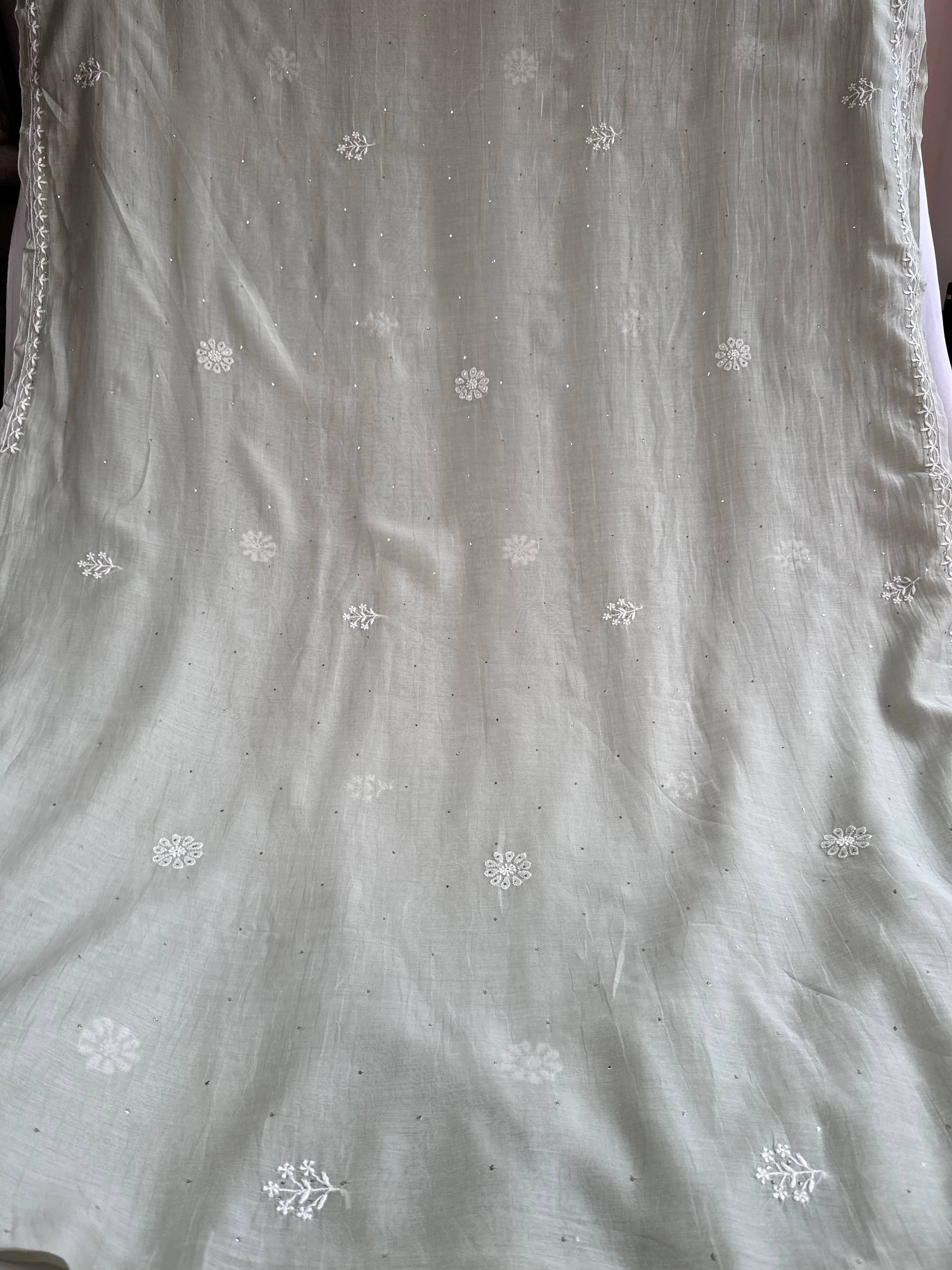 Pure Mul Chanderi Chikankari saree in Grey Green with Mukaish work