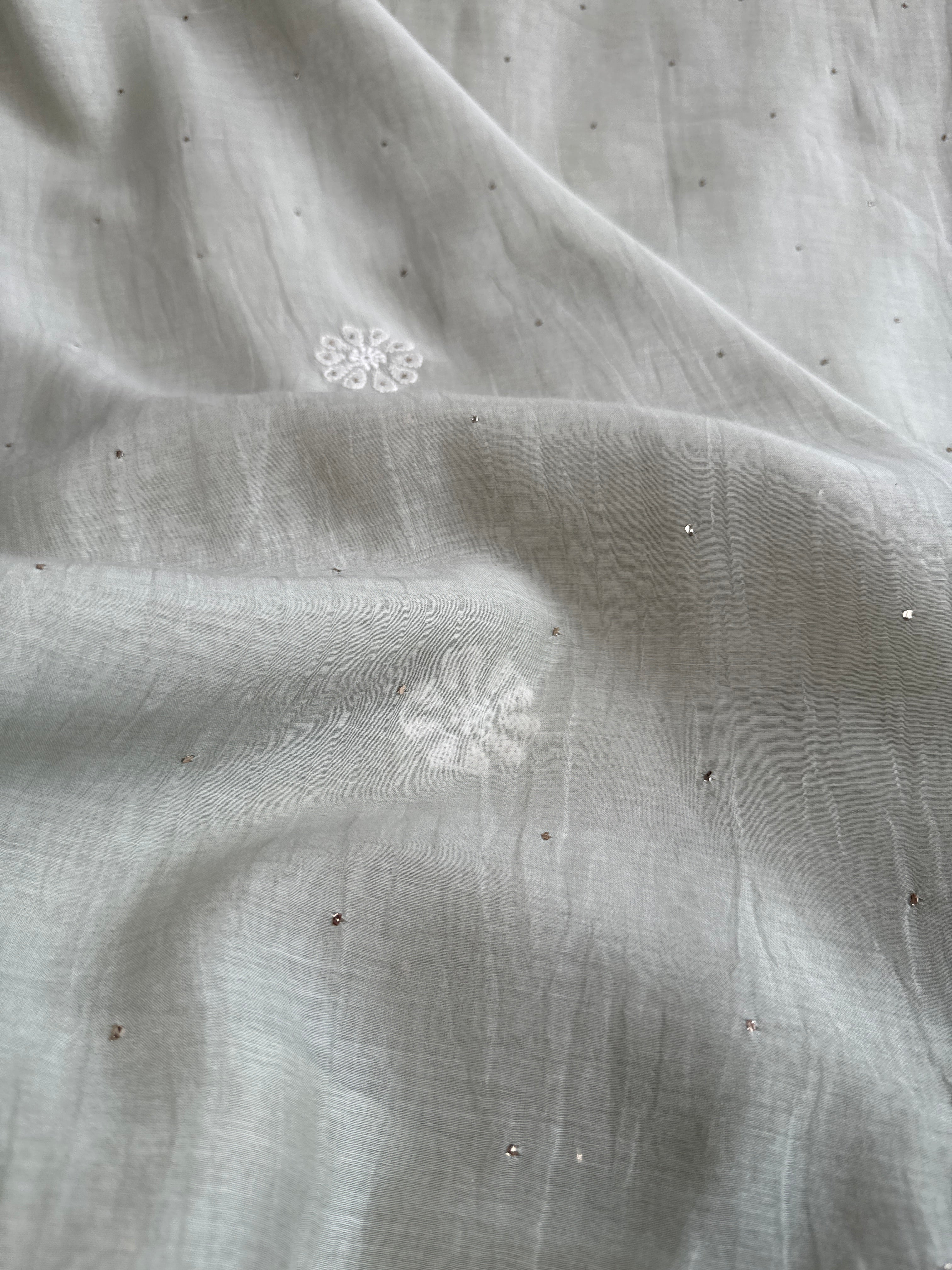 Pure Mul Chanderi Chikankari saree in Grey Green with Mukaish work