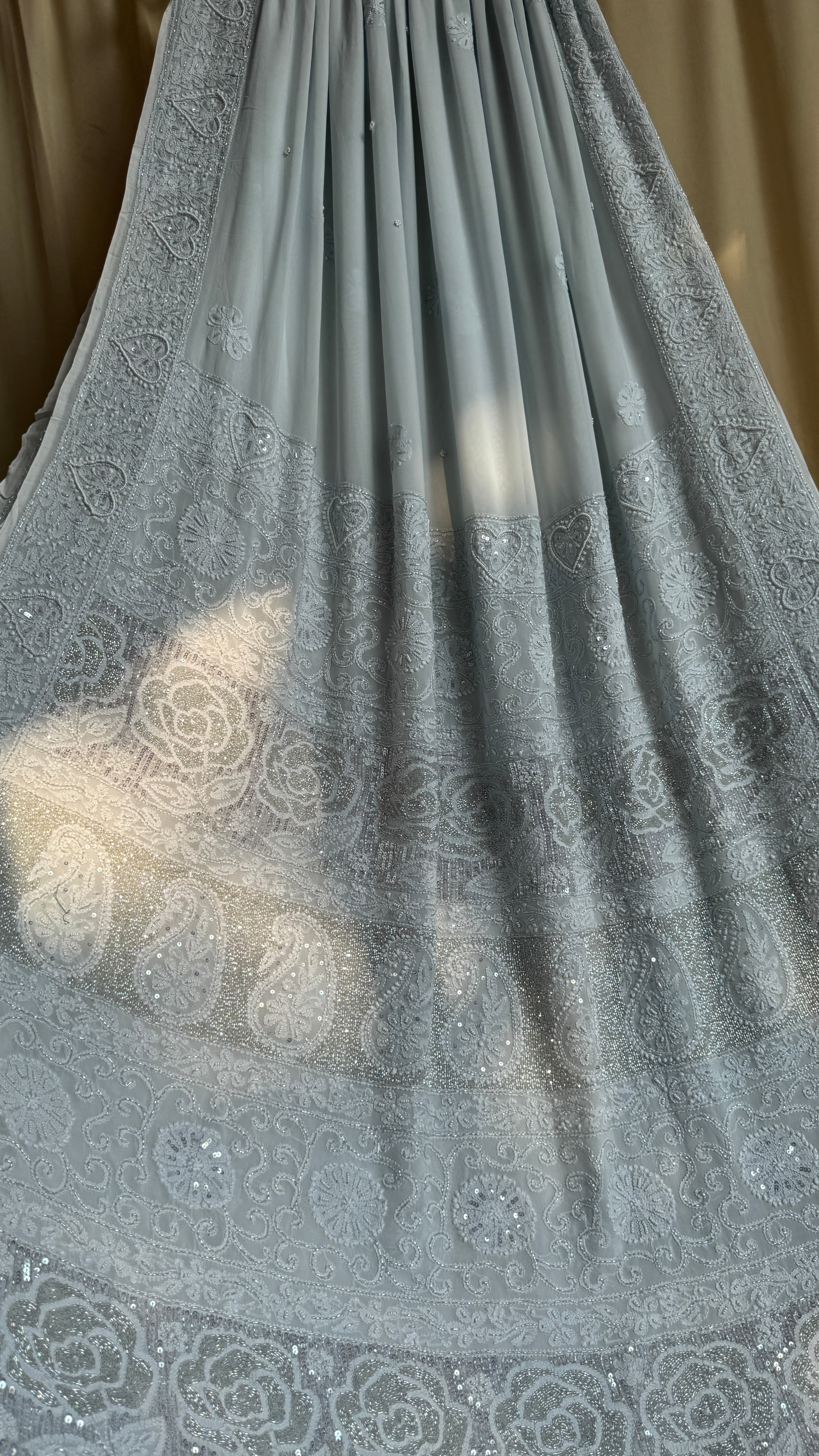 Viscose Light cool grey Chikankari saree with Pearl embellishments